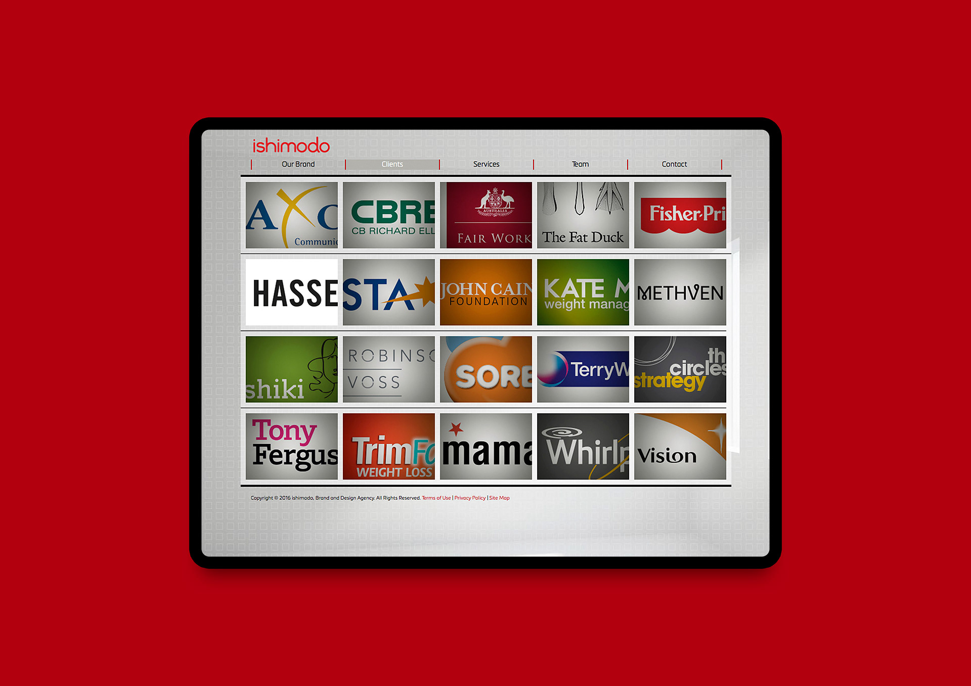 Portfolio grid showing client work in structured image layout.