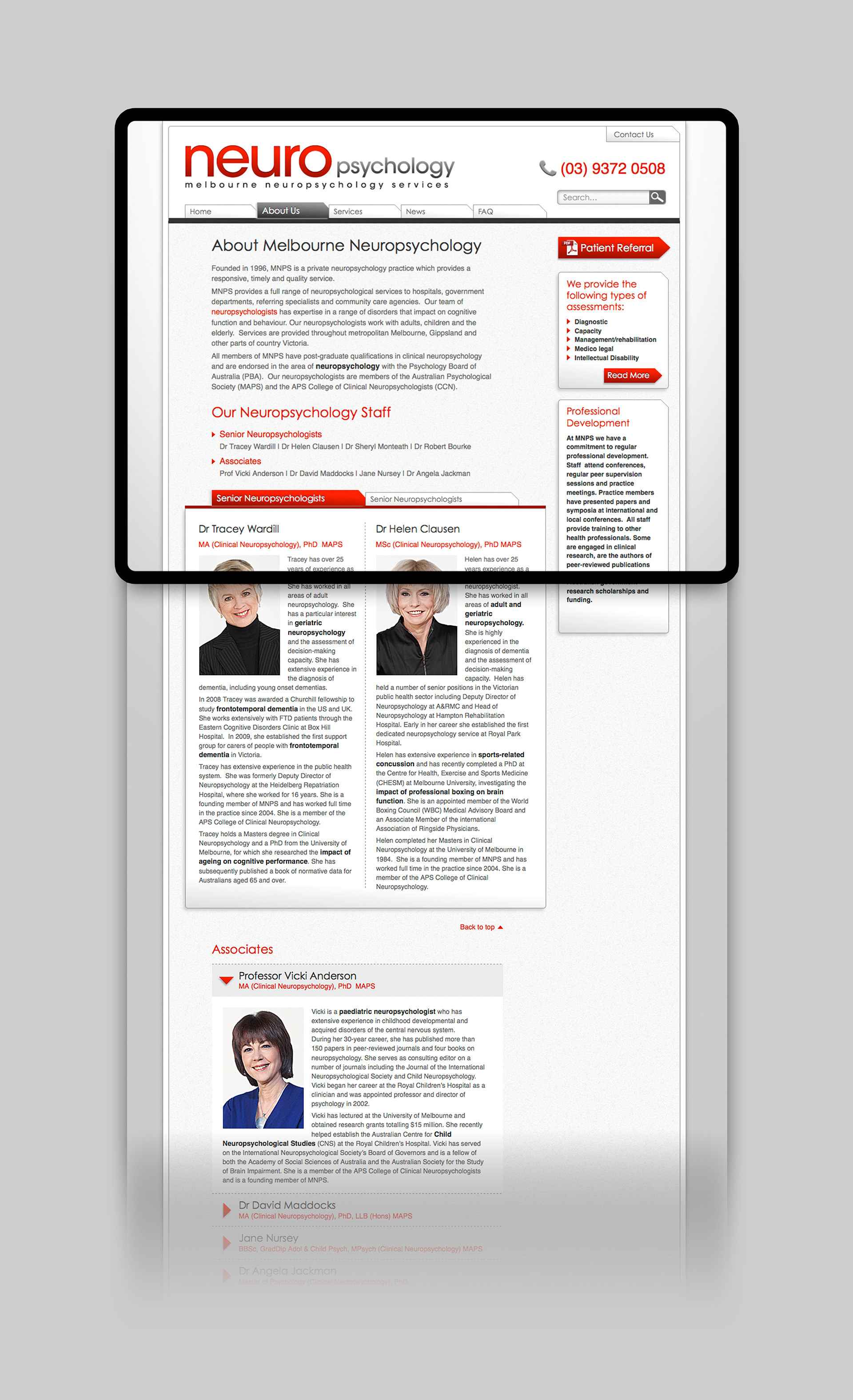 About page with structured clinic information and services.