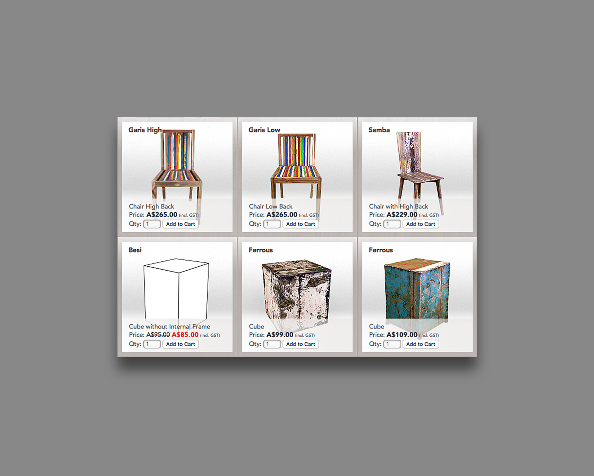 Product grid showing items with pricing and selection options.