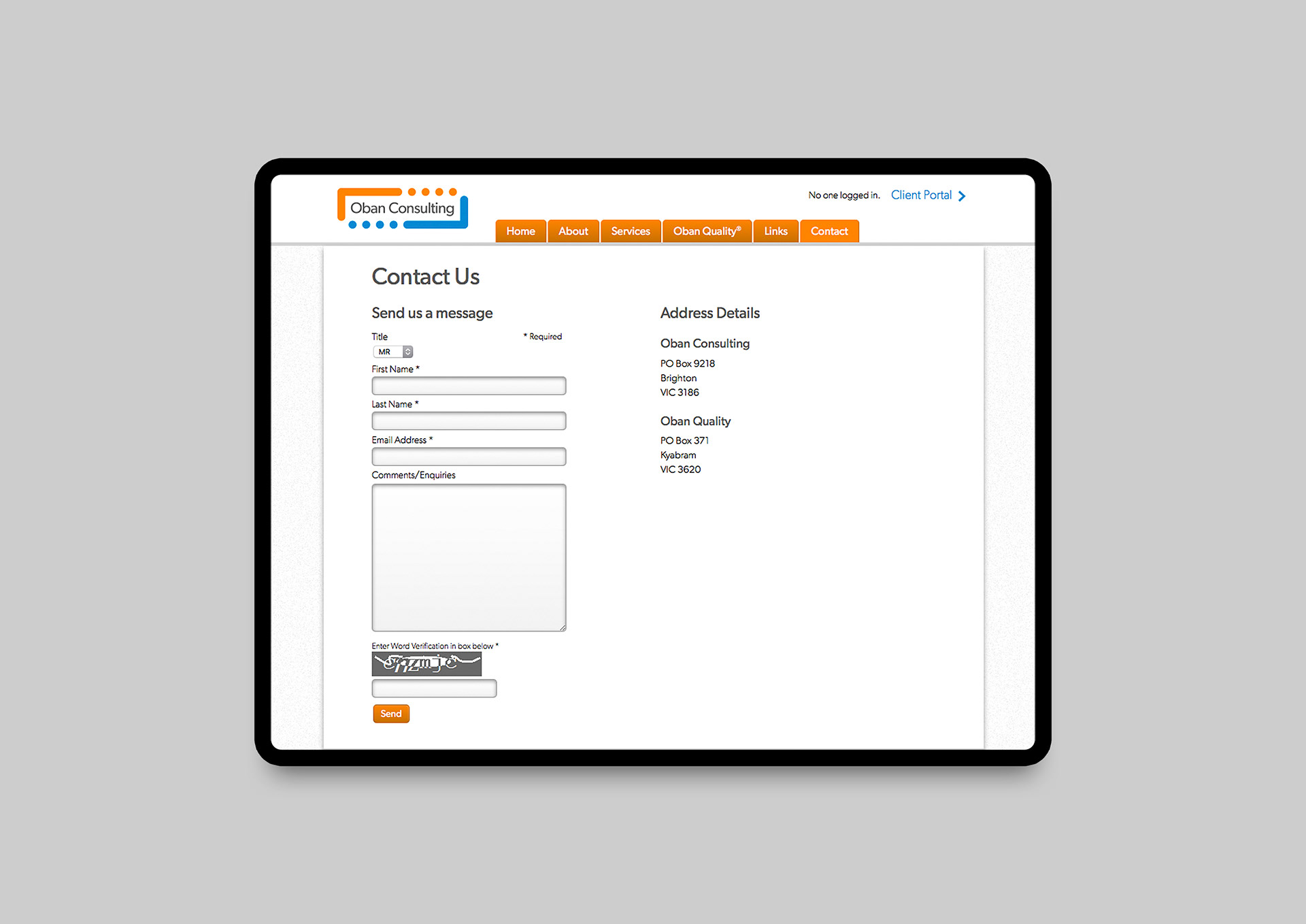 Contact page with structured form for enquiries.