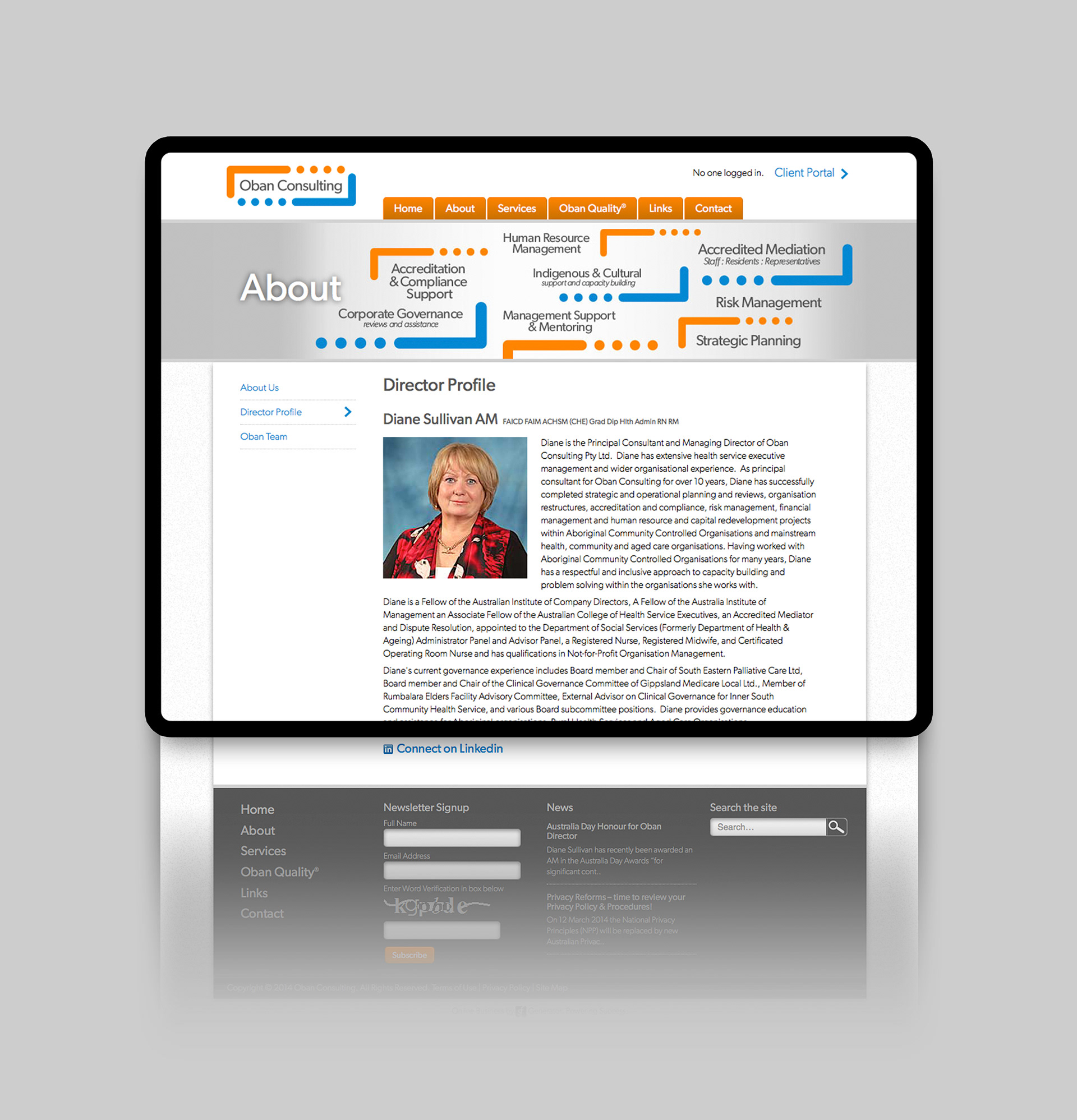 About page with structured services and organisational information.