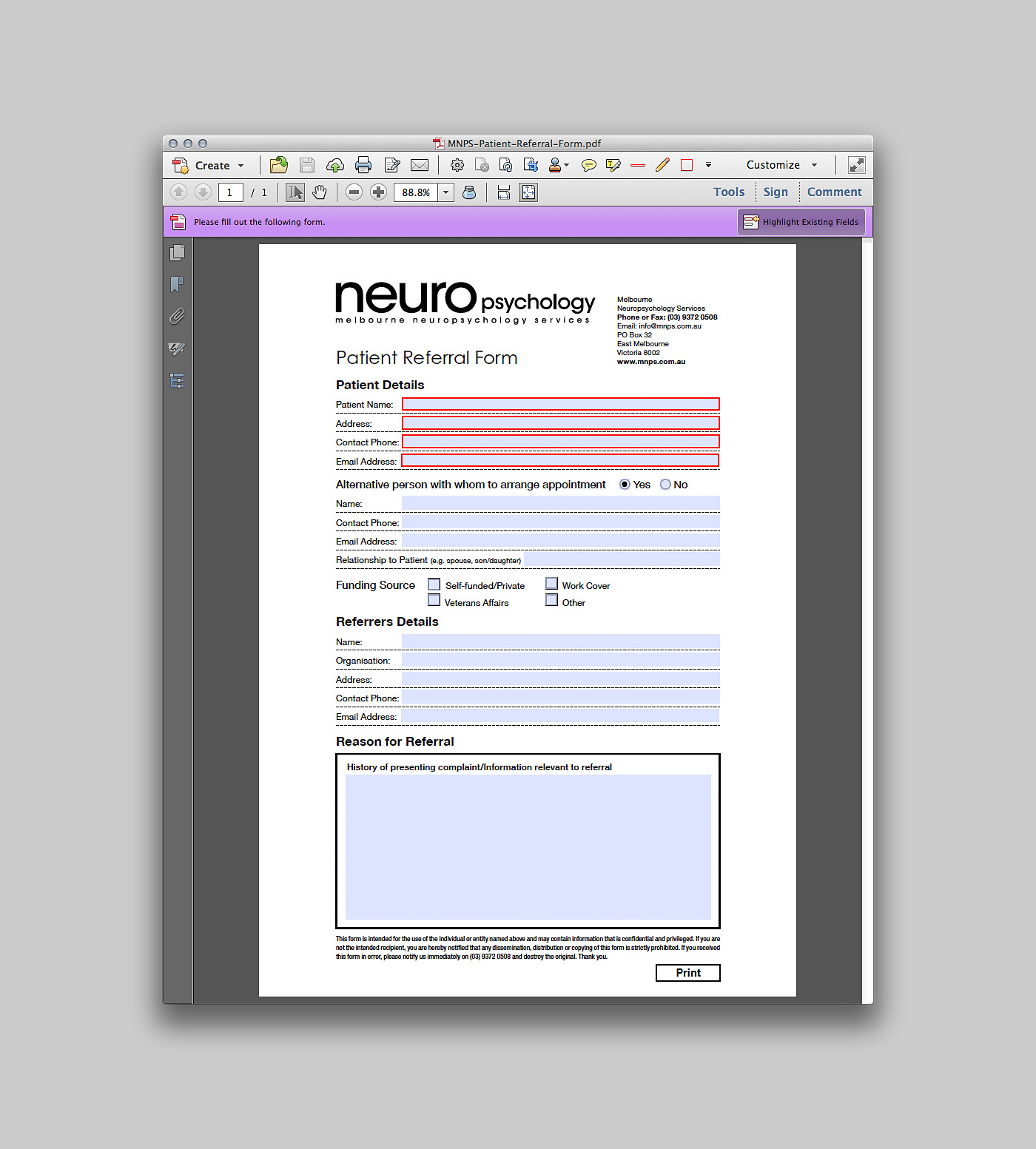 Fillable referral form showing structured fields for data capture.