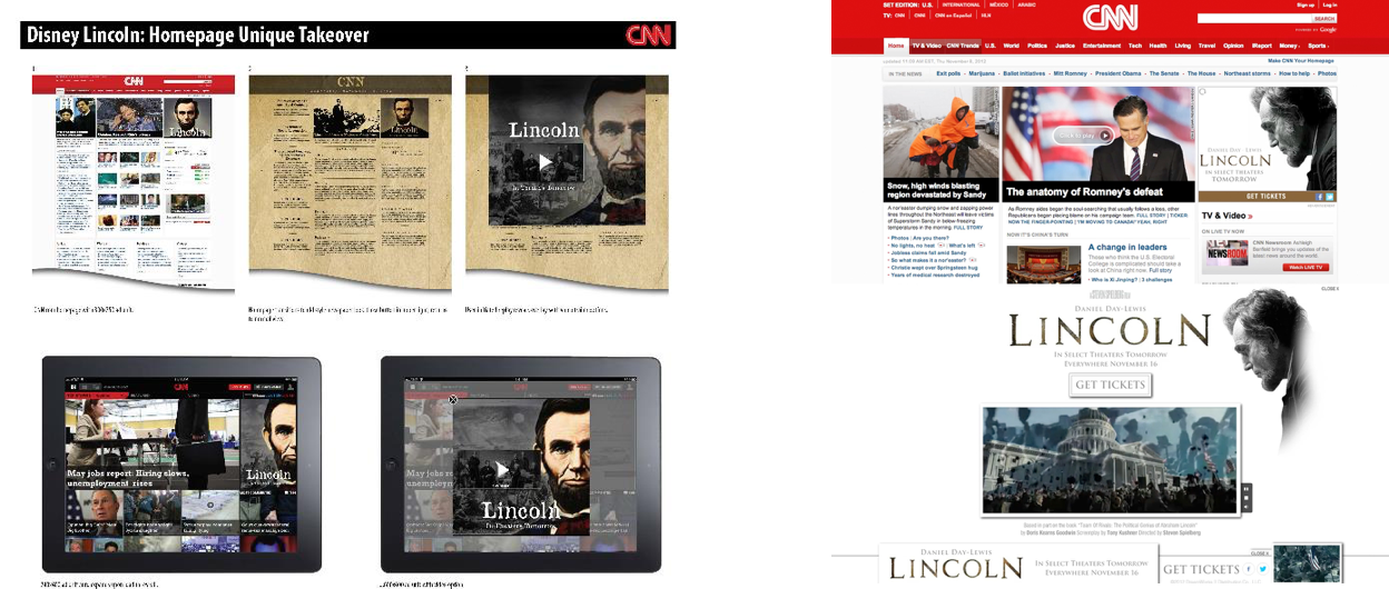 Takeover proposal mockup for the film "Lincoln" and actual ad.