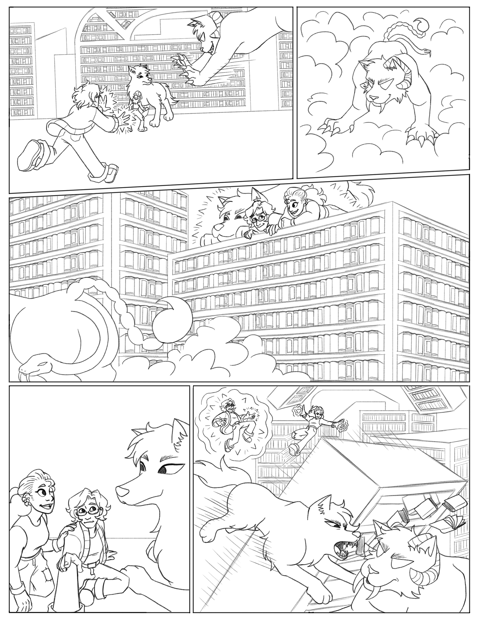 pg 7 (The cat is displeased about being flung around and lunges for Milo and Wren, but it’s Benji’s turn to save the day, and get them all to safety using teleportation. The three agree it’s time to finish the fight, and all attack the cat at once.)