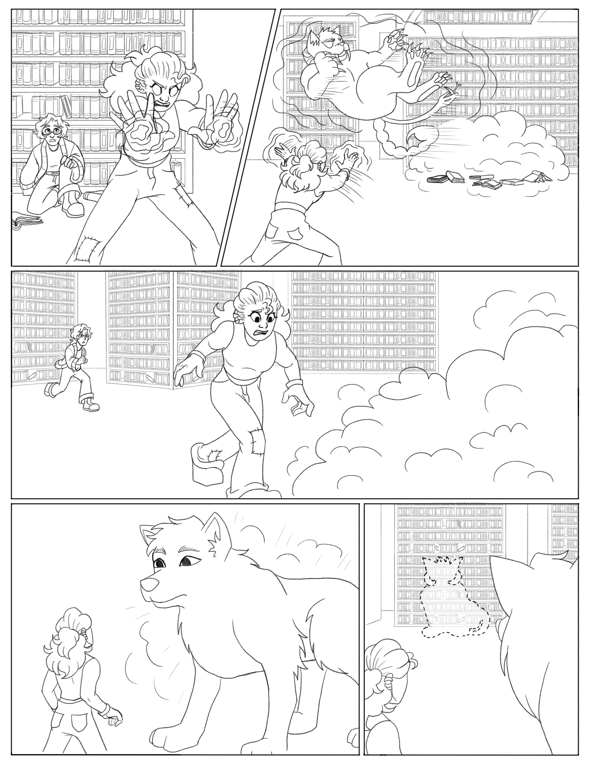 pg 6 (Wren’s telekinetic abilities come into play, and they throw the cat off of their partner. Milo is unharmed, thanks to their quick thinking and their shift into a wolf.)