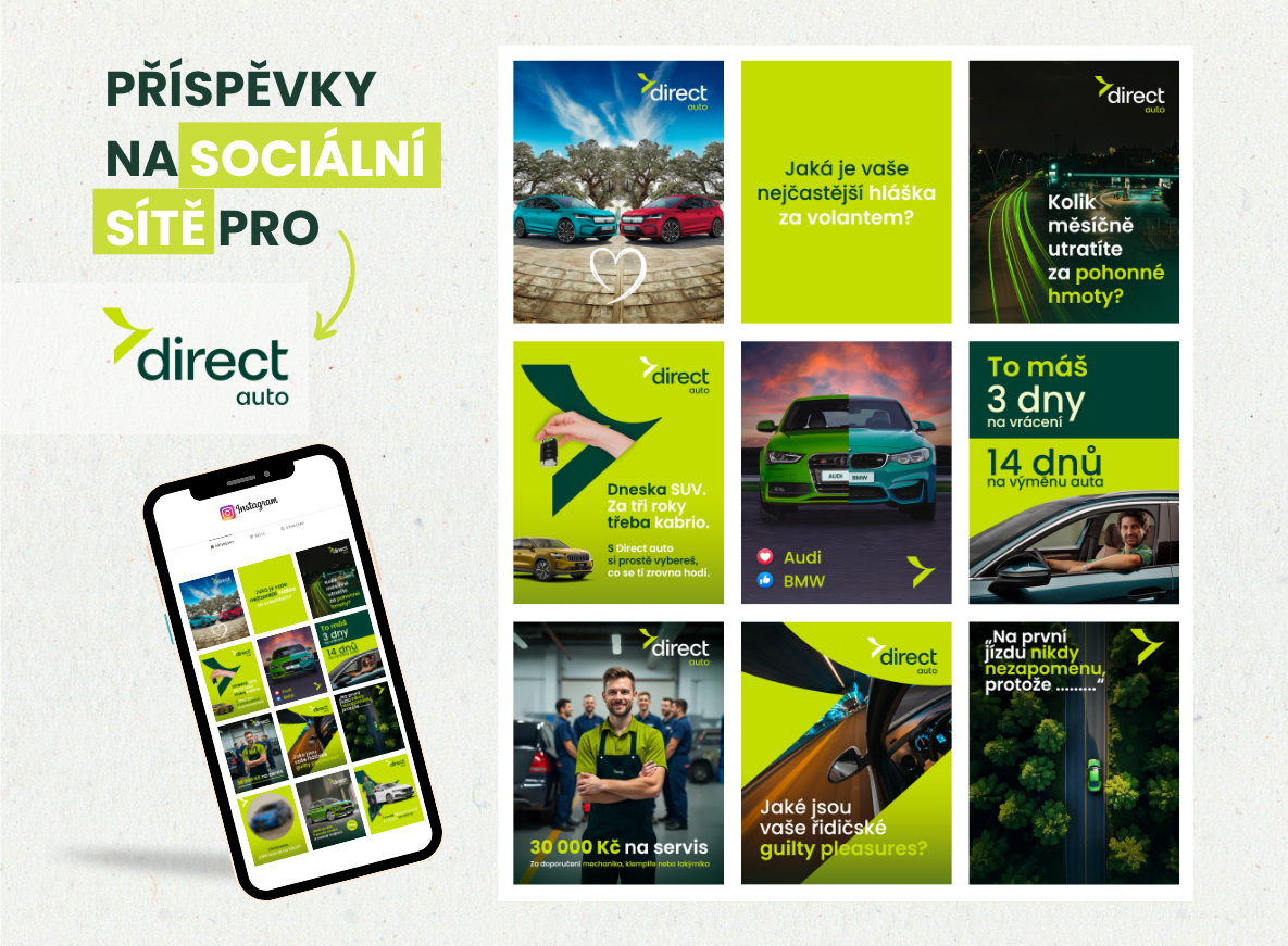 příspěvky  a sponzorovaná reklama na sociální sítě pro Direct auto - nové logo
