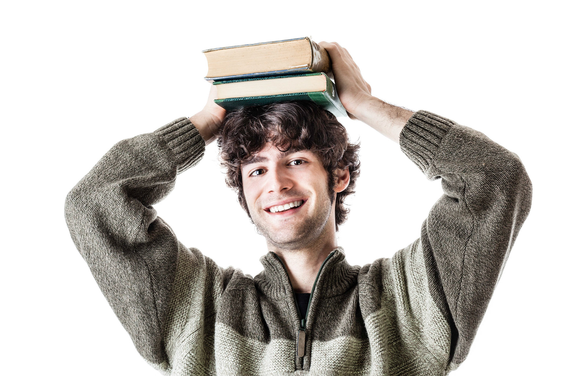 an handsome student with some books isolated over a white background