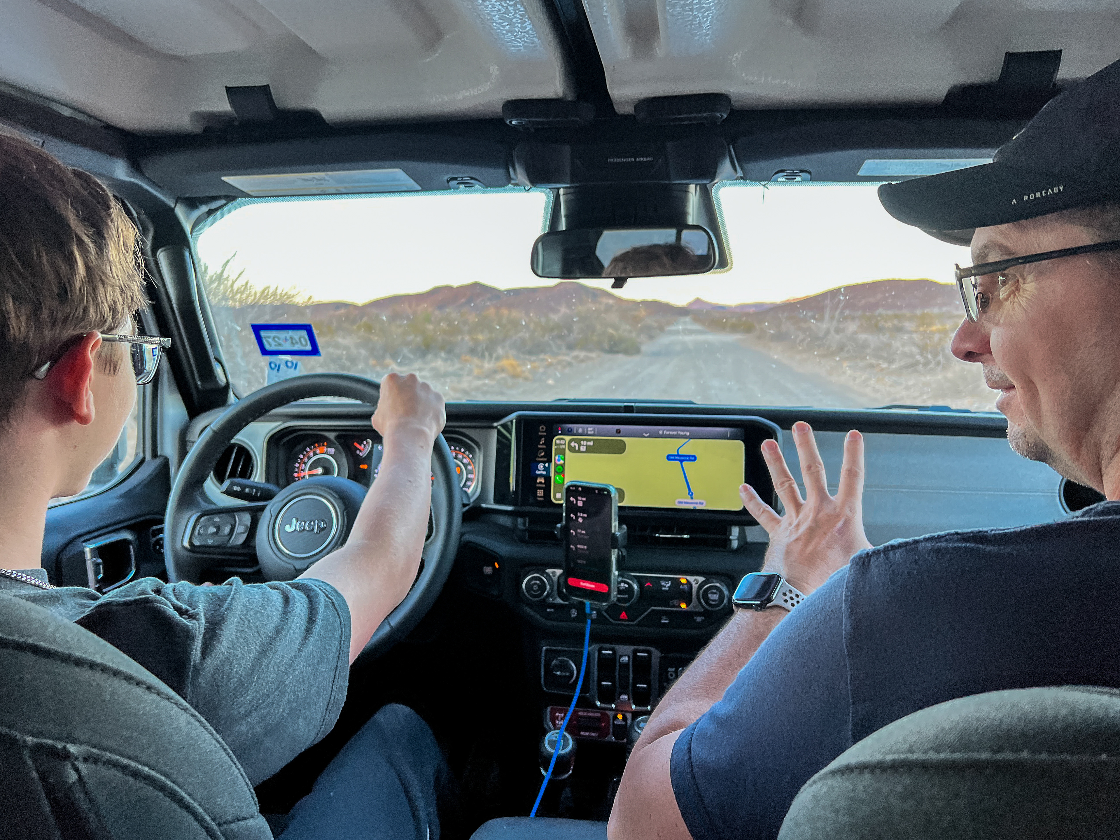 First driving lesson: in a rented Jeep, during a glowing sunset, on a backroad of a National Park