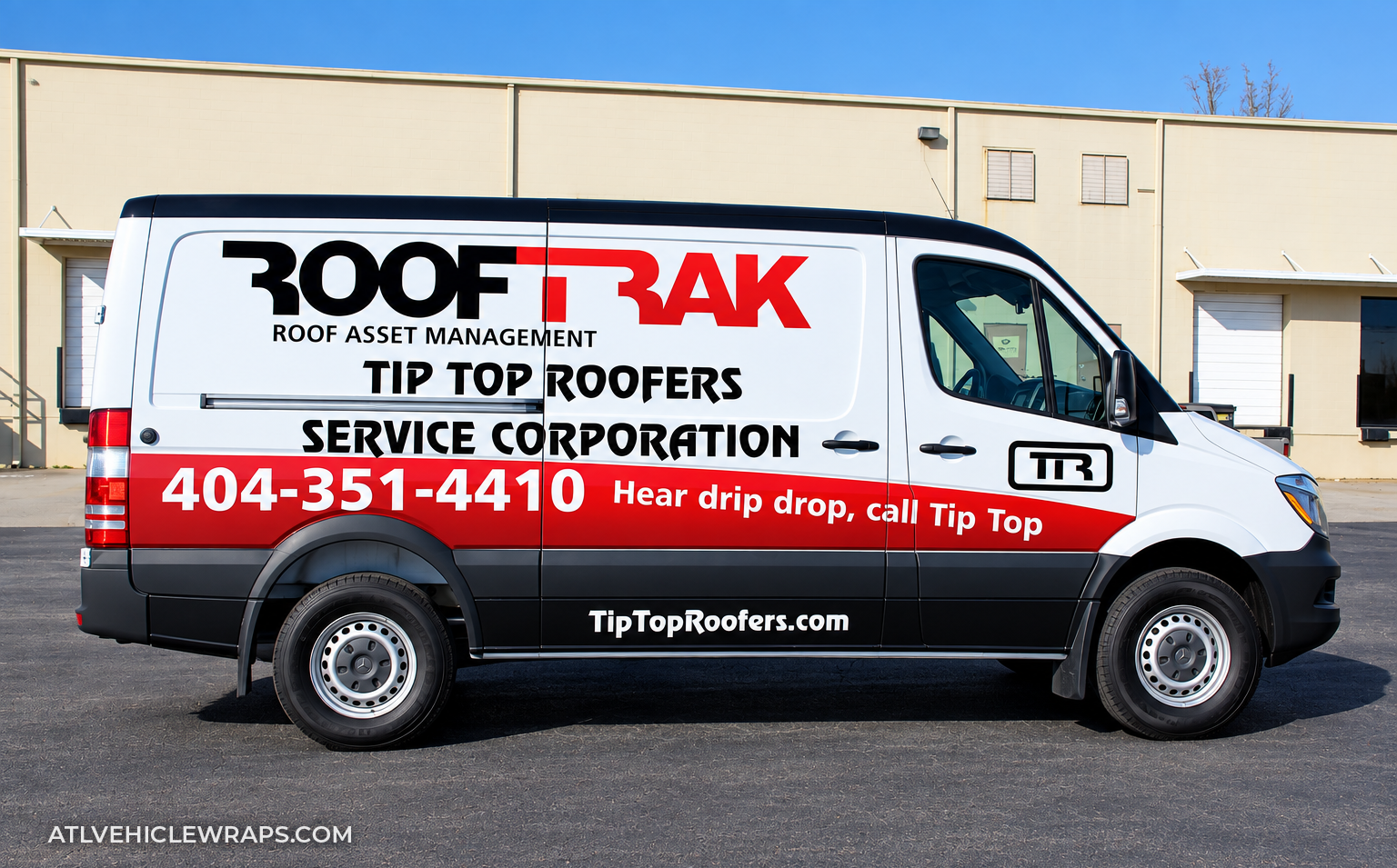 Commercial roofing van wrap in Atlanta with bold service branding, phone number, website and high-visibility vehicle graphics.