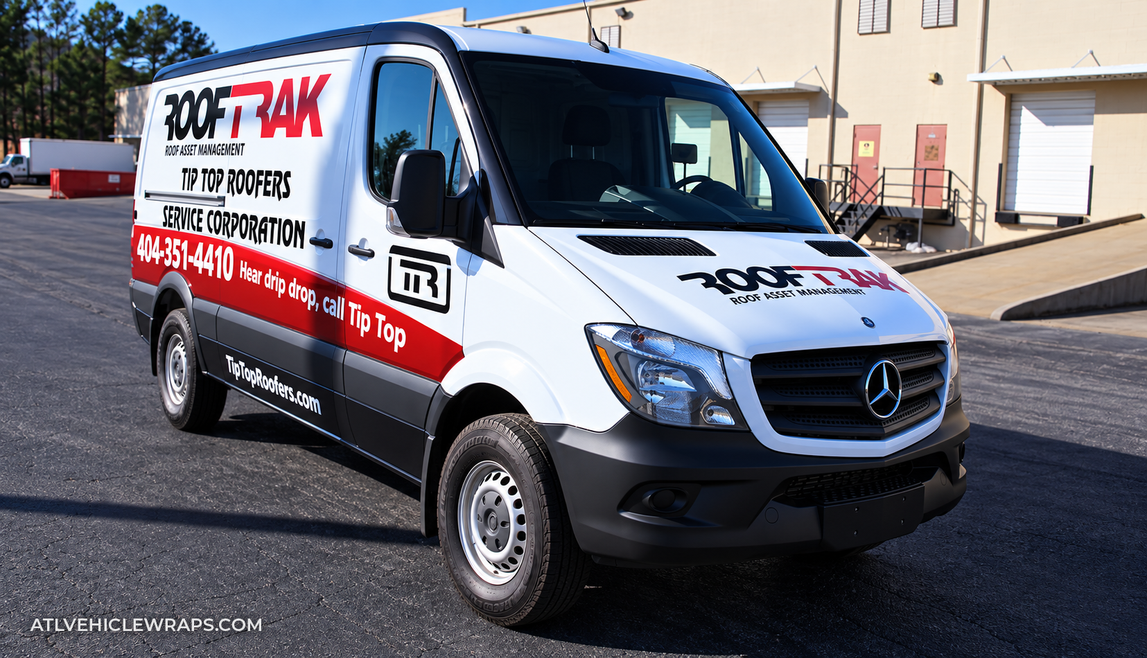 Front three-quarter view of a commercial roofing van wrap in Atlanta with custom contractor graphics and professional fleet branding.
