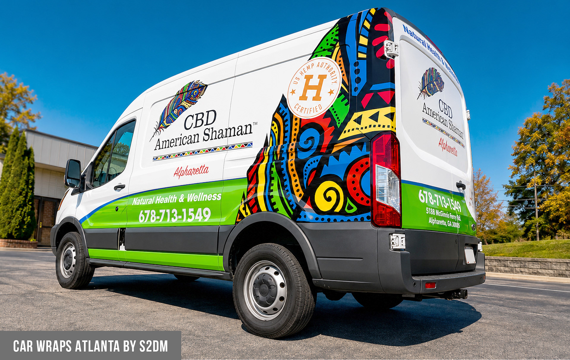 Wrapped Ford Transit van with full commercial graphics for mobile advertising, fleet branding, and business visibility in Atlanta.