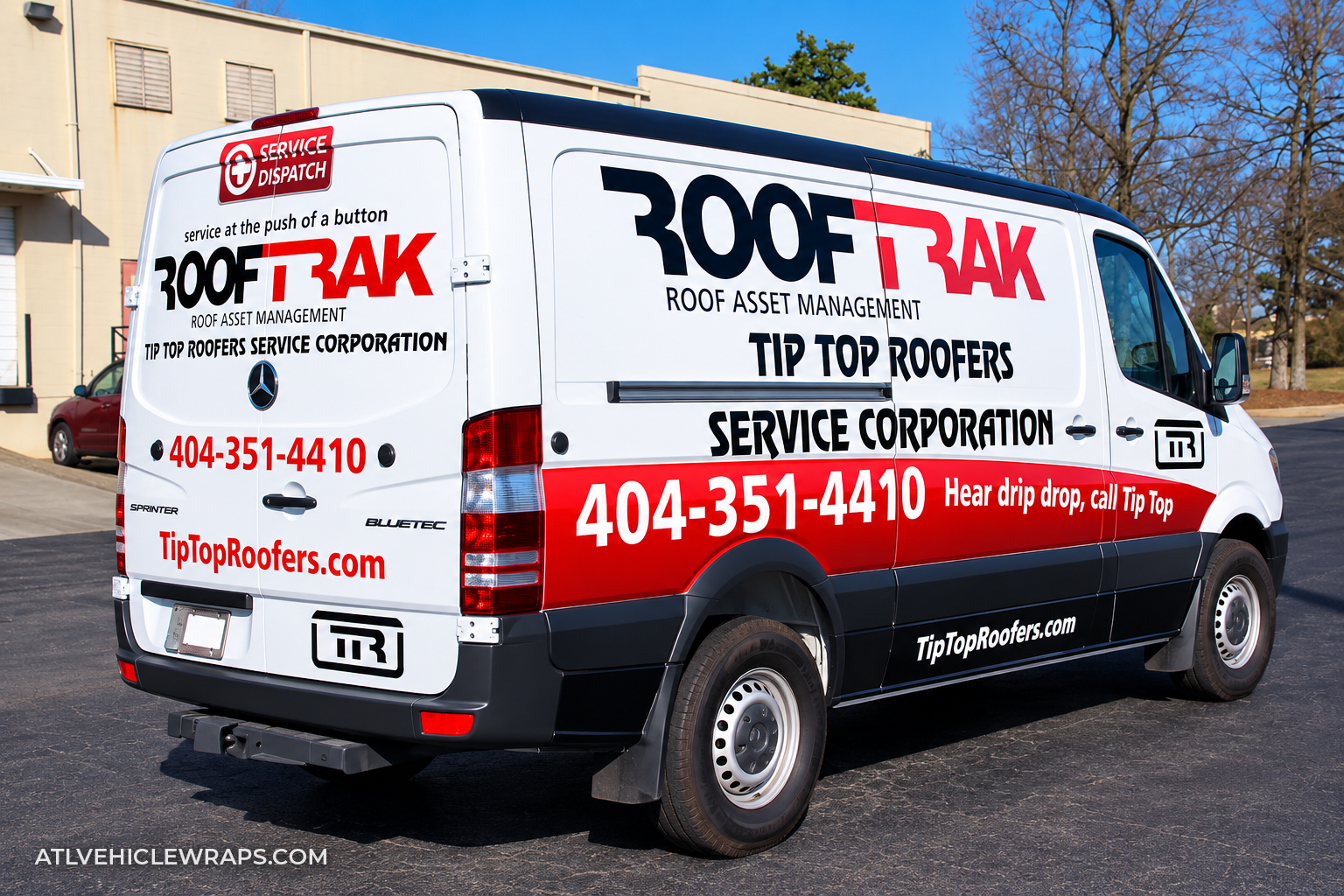Rear three-quarter view of a commercial roofing van wrap in Atlanta with fleet branding, service messaging and contact information.