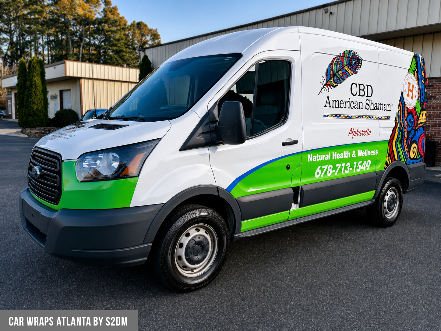Commercial Ford Transit van wrap with full vehicle graphics designed for business advertising in Atlanta, GA.