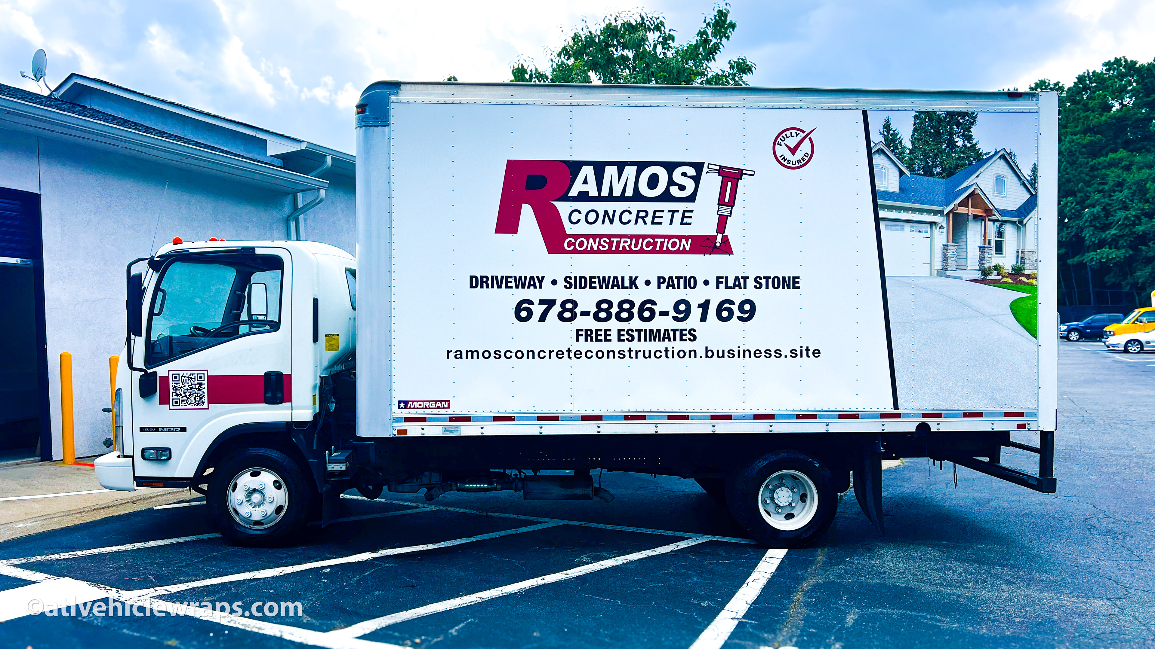 Hero image: Custom partial wrap installation on an Isuzu Box Truck for a concrete company in Atlanta, GA.