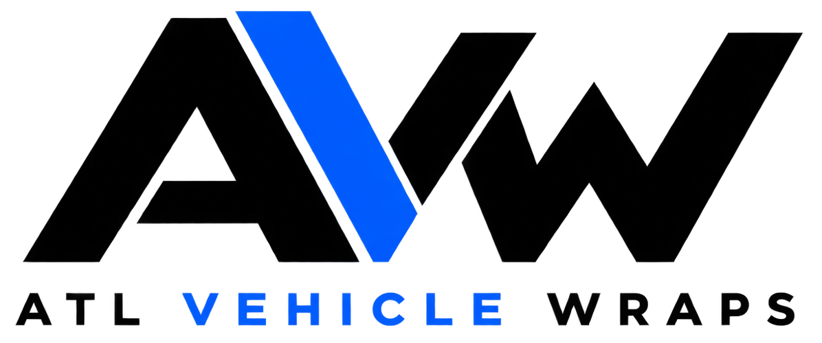 Minimalist ATL Vehicle Wraps logo with bold black AVW lettering and blue accent, representing commercial vehicle wraps, fleet graphics, and wrap design in Atlanta.
