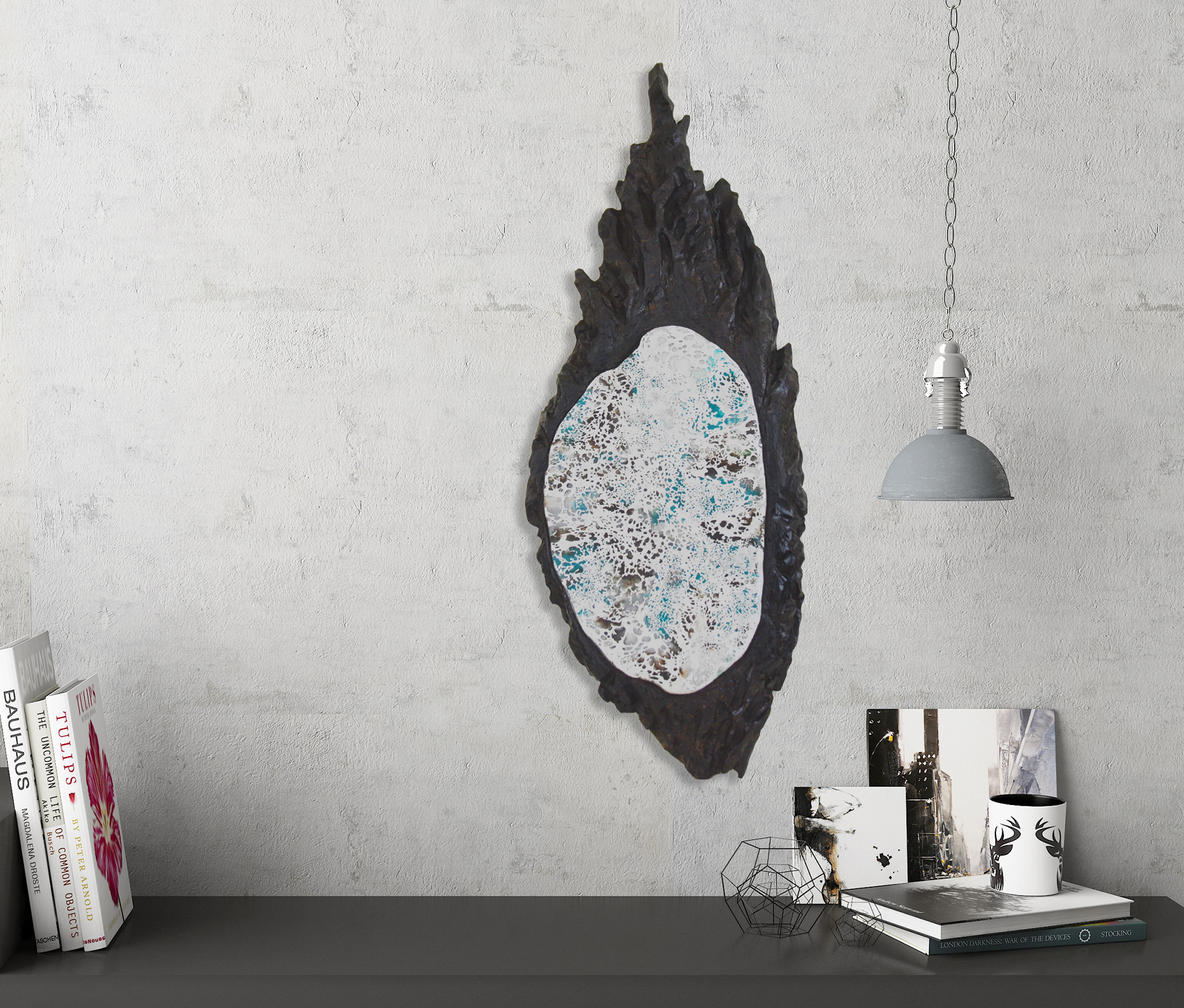 An original one of a kind sculpted wood and encaustic design wall hanging.