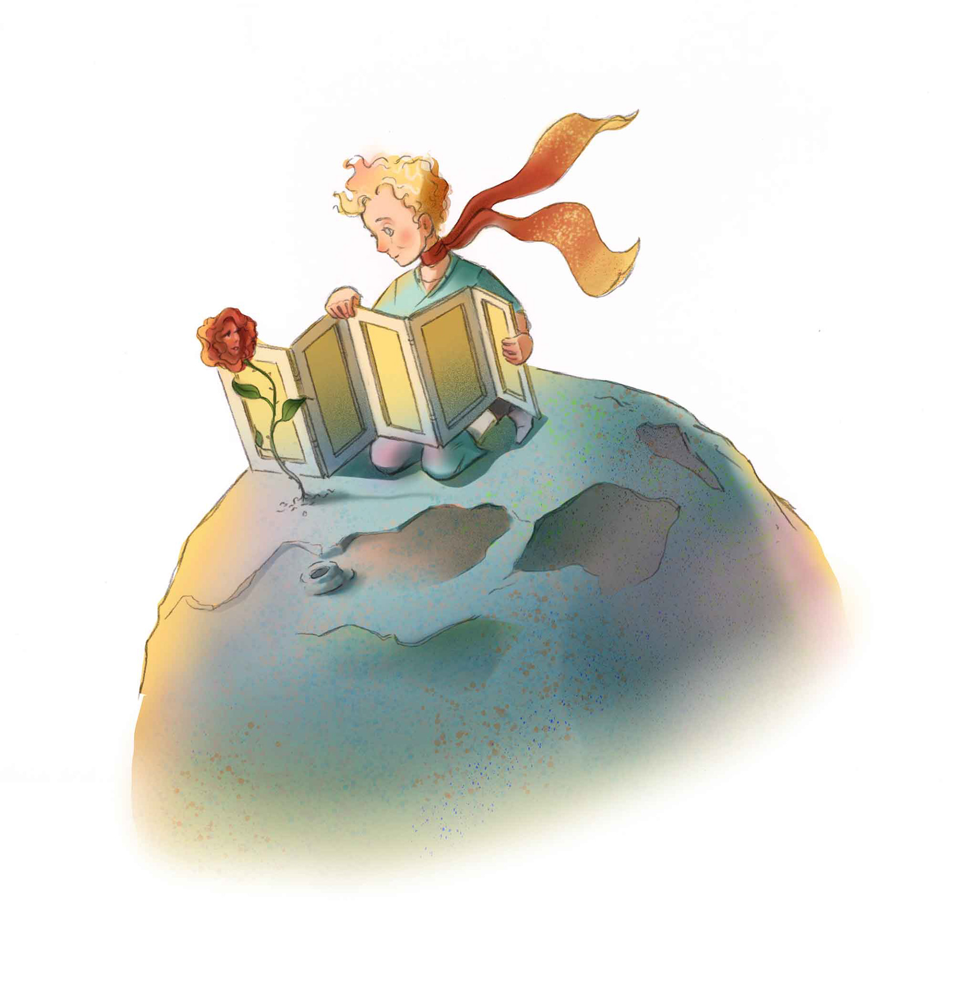 Der kleine Prinz auf einem Planeten sitzend schützt Rose mit Wandschirm