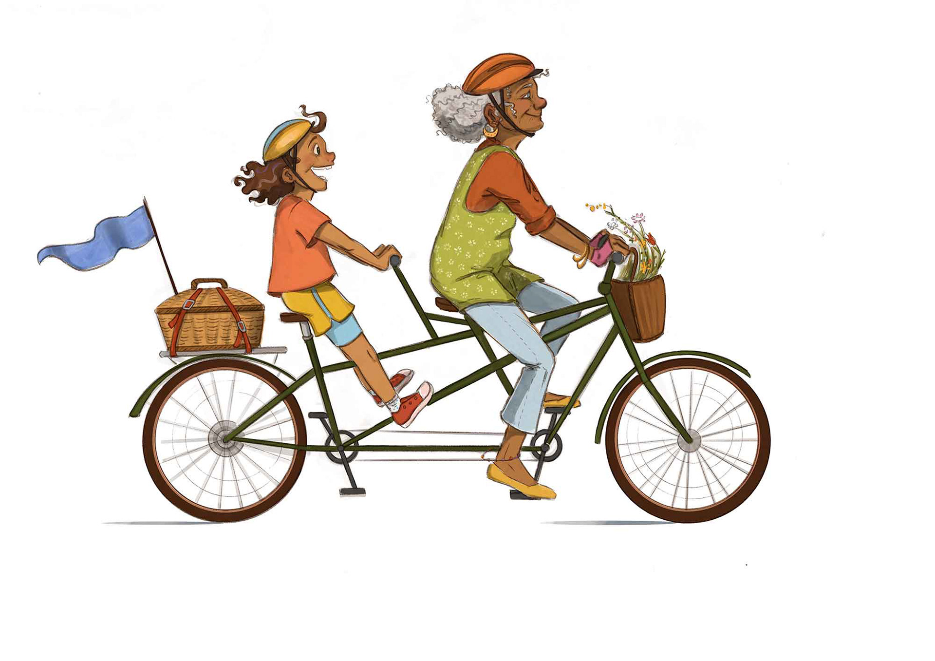 Oma und Enkelin fahren mit dem blumengeschmückten grünen Tandem