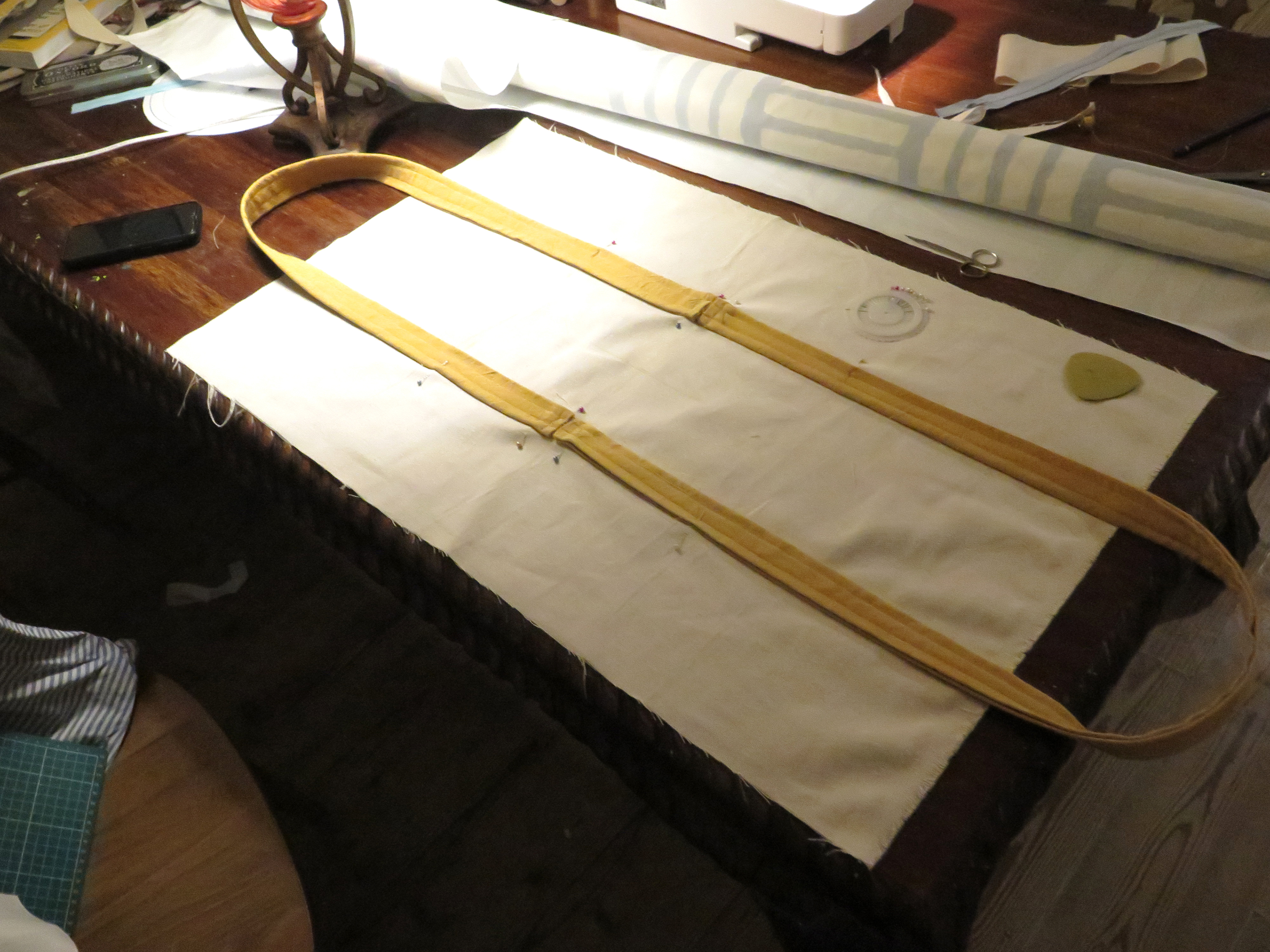 Adding the cotton straps I made and dyed to the outside of the cotton canvas