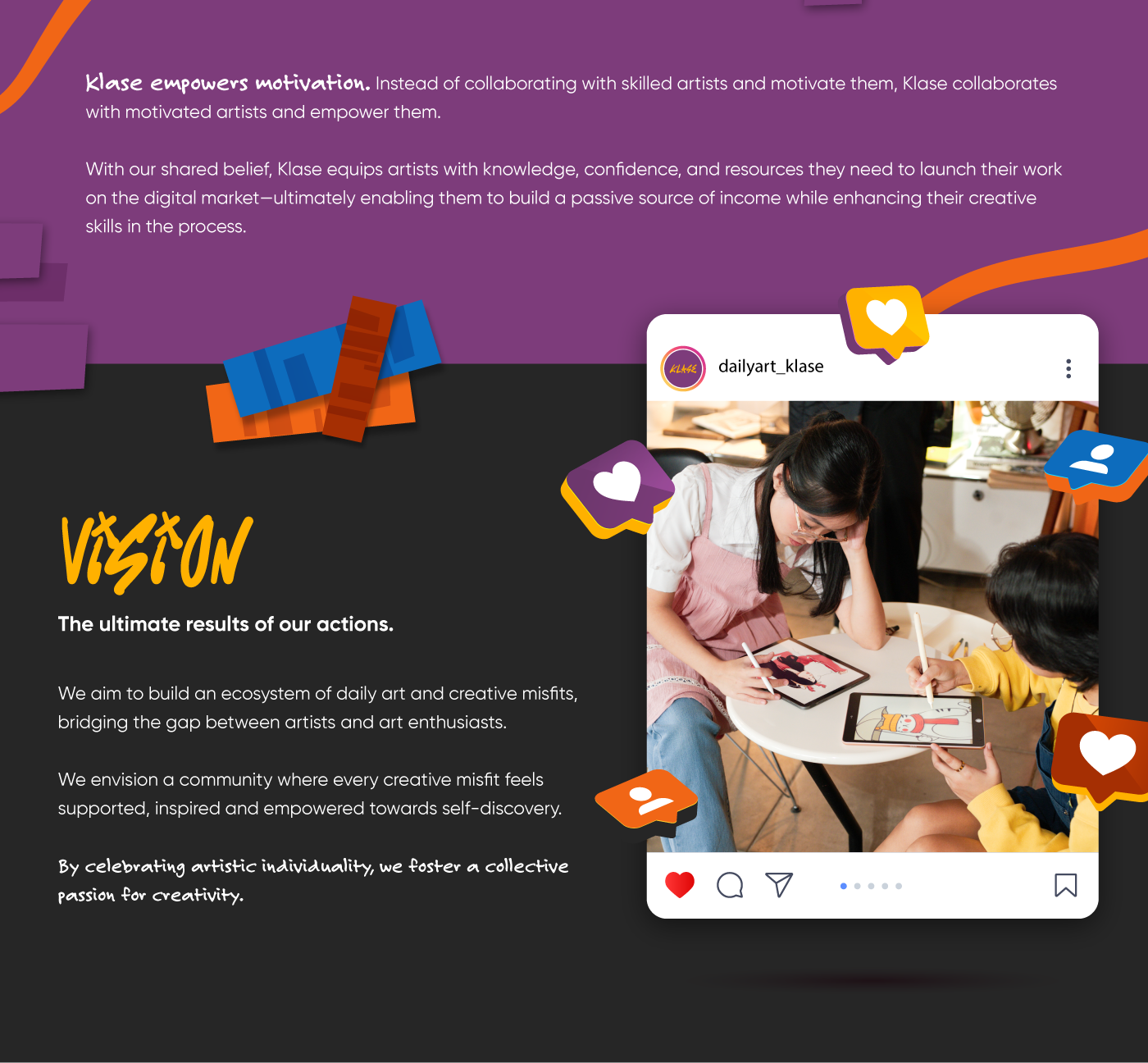 klase empowers motivation and stating vision to build a community of empowered artists. artists digitally drawing on an ipad., fun playful layout design