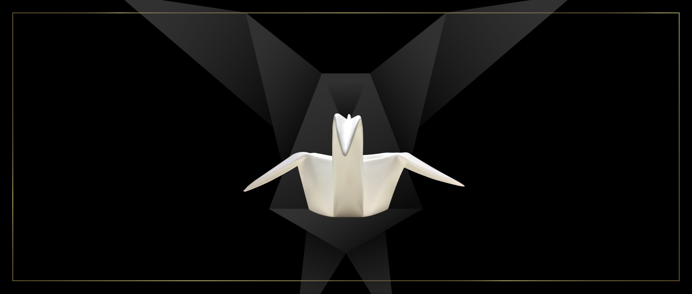 black and gold premium branding with white transluscent fine bone china origami crane