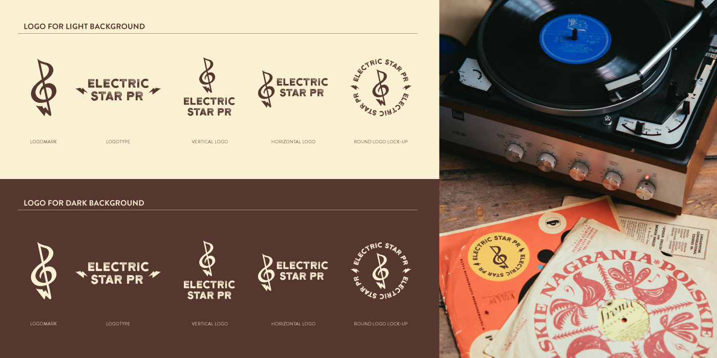 electric star pr music marketing agency logo designs and mock-up with vinyl music records and player