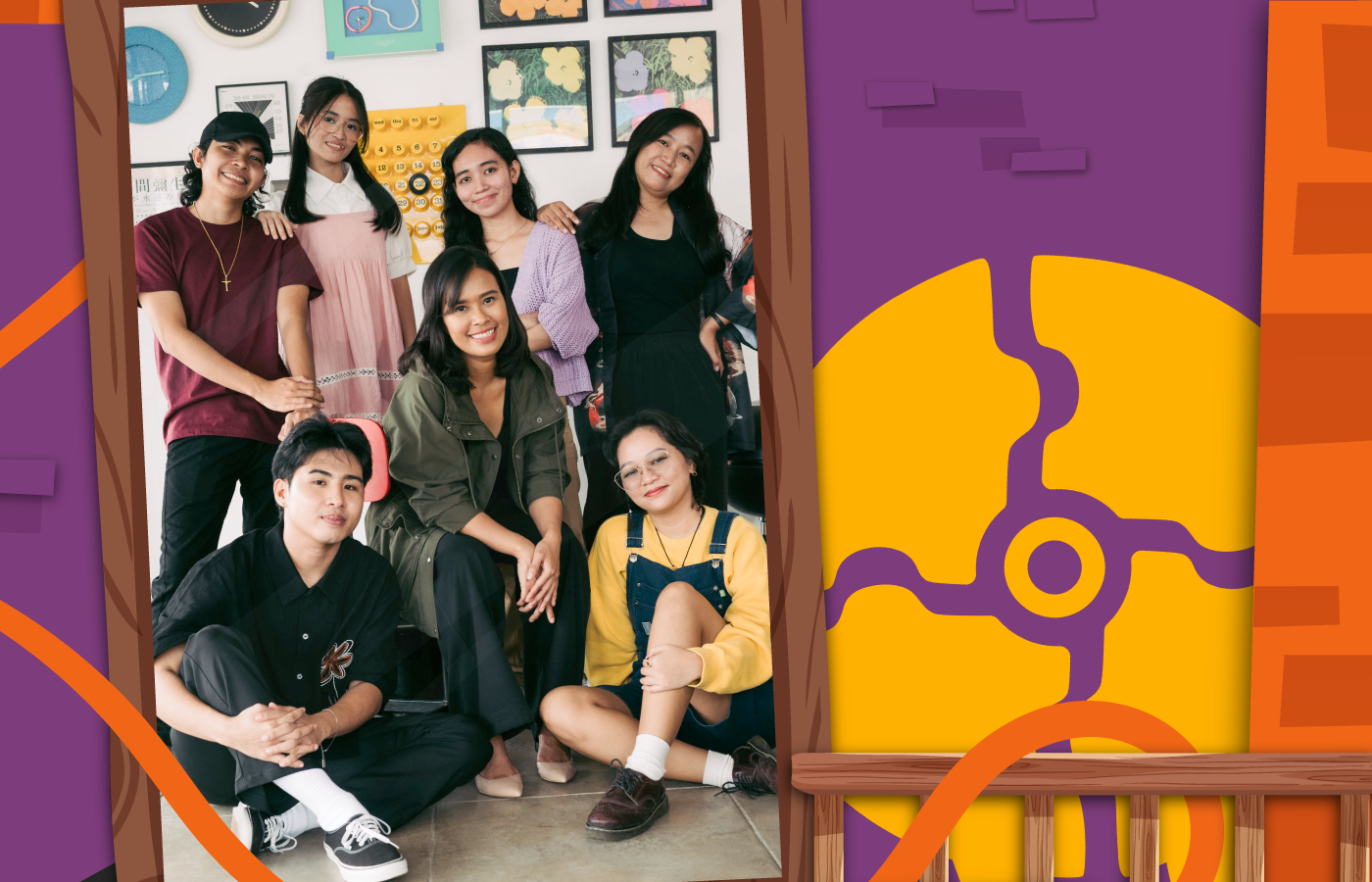 asian filipino creatives artists in a picture frame in a fun and colorful layout with purple, yellow and orange fun illustrations