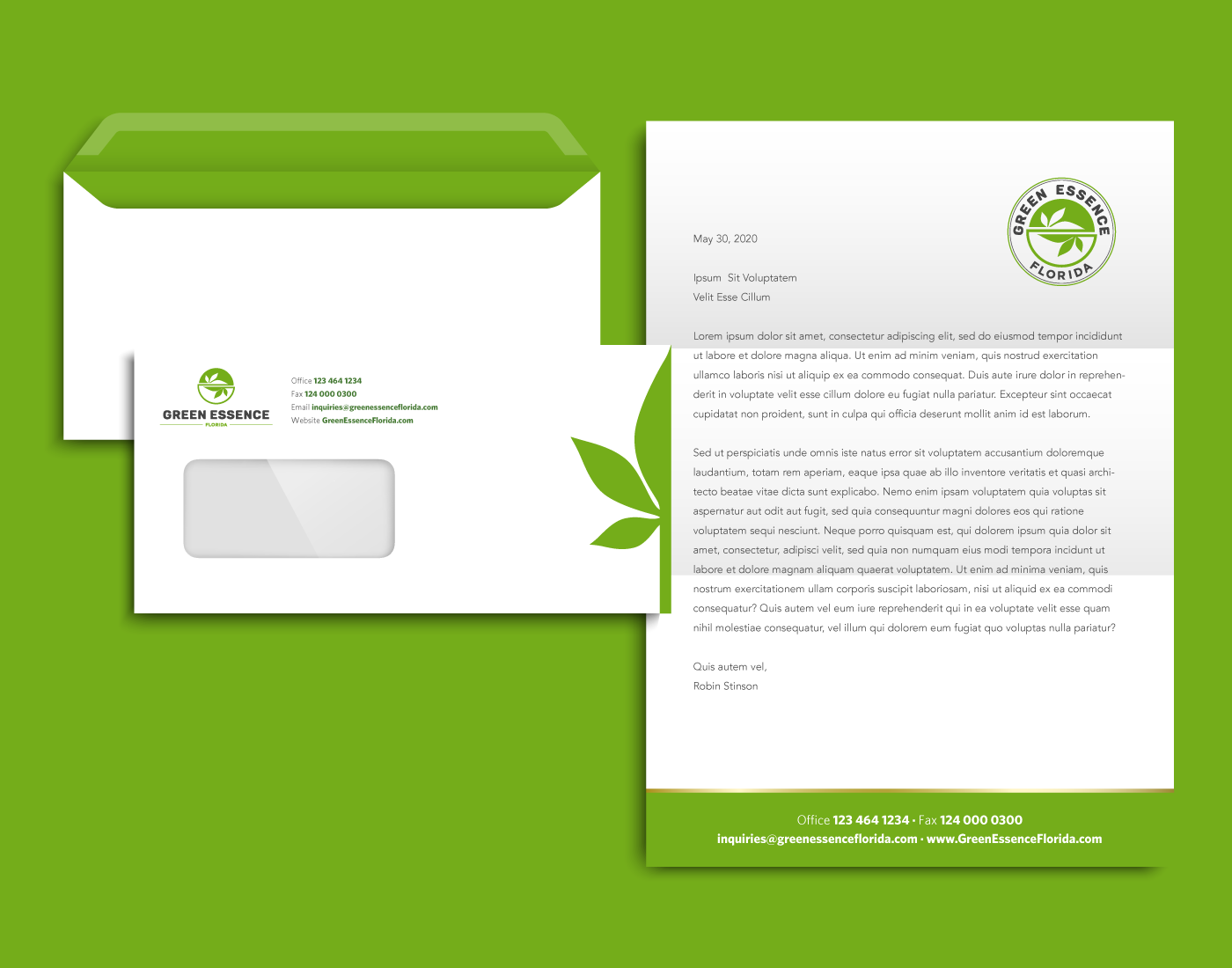 Green Essence Florida Corporate Letterhead and Envelope