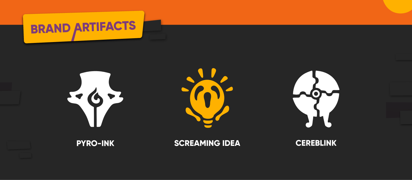 klase artifacts or icons pyro-ink, screaming idea and cereblink. all fun and weird custom icons