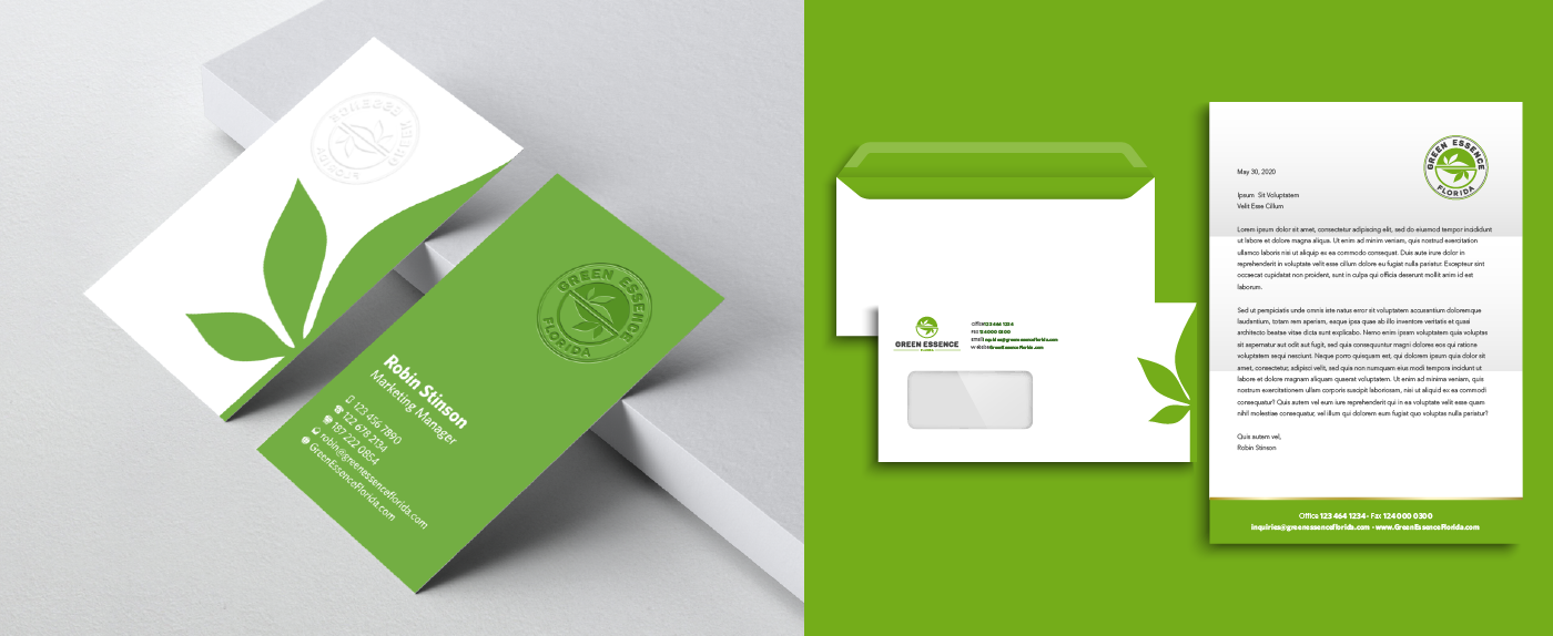 Green business card, letterhead and corporate envelope design with CBD logo Green Essence