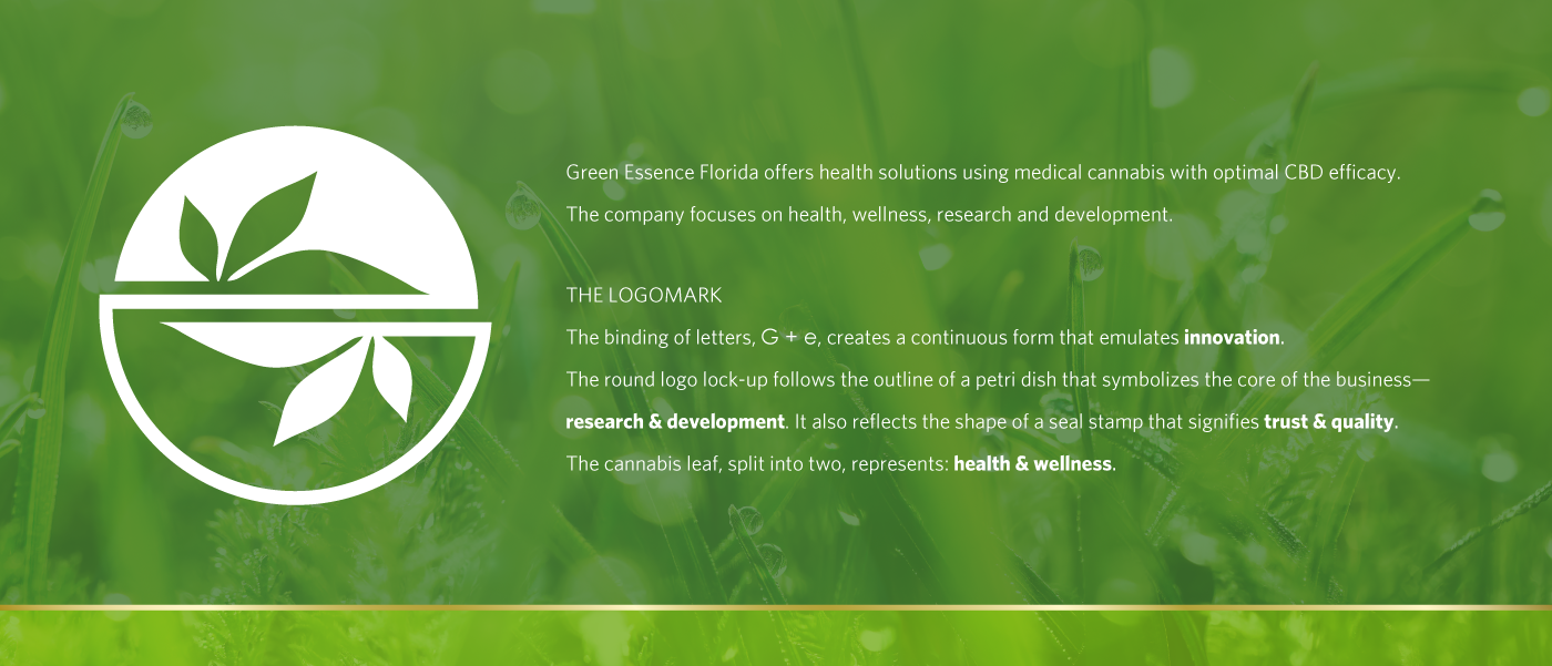 minimalist logomark design with logo meaning, G and e monogram with cannabis leaves