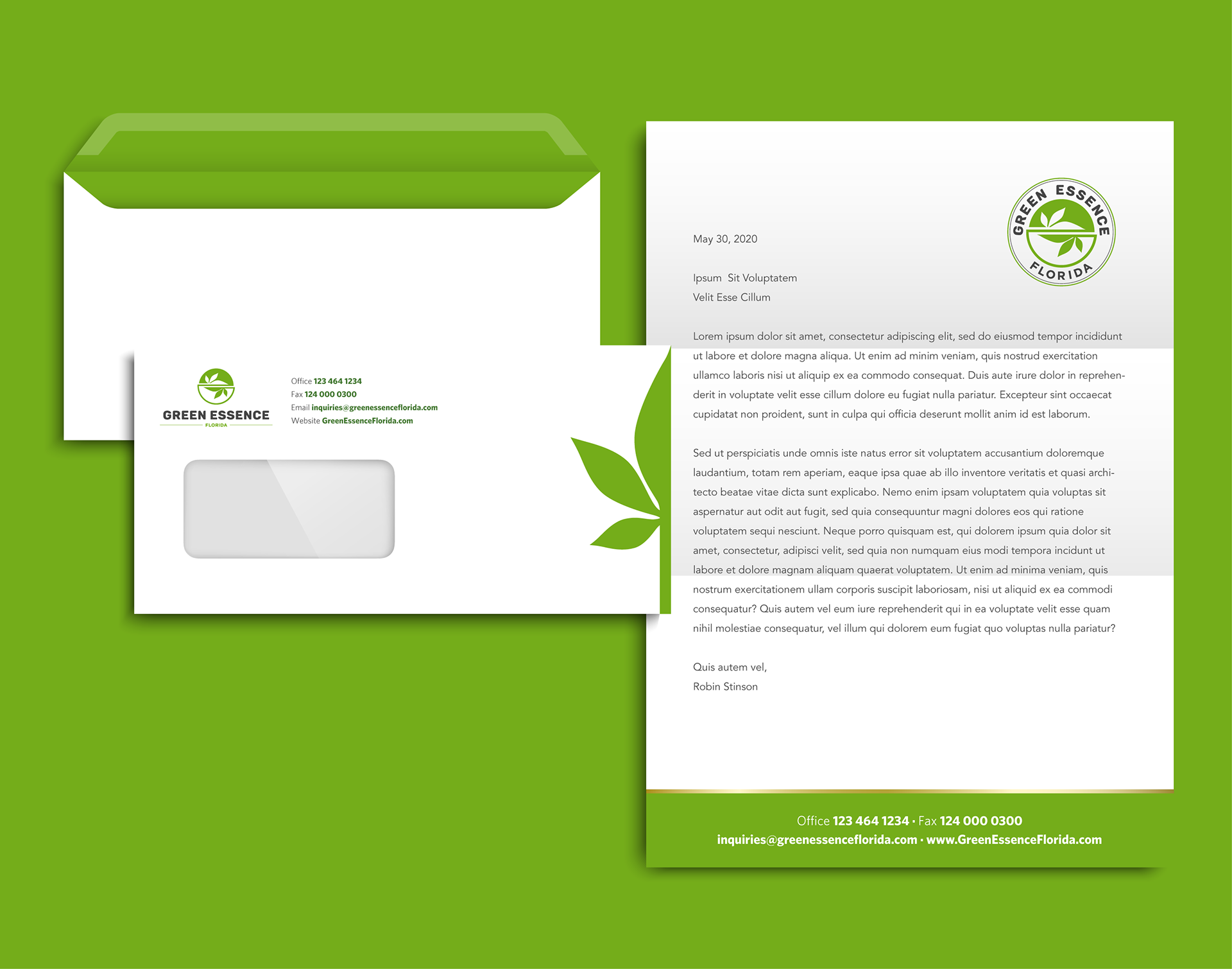 Green Essence Florida Corporate Letterhead and Envelope