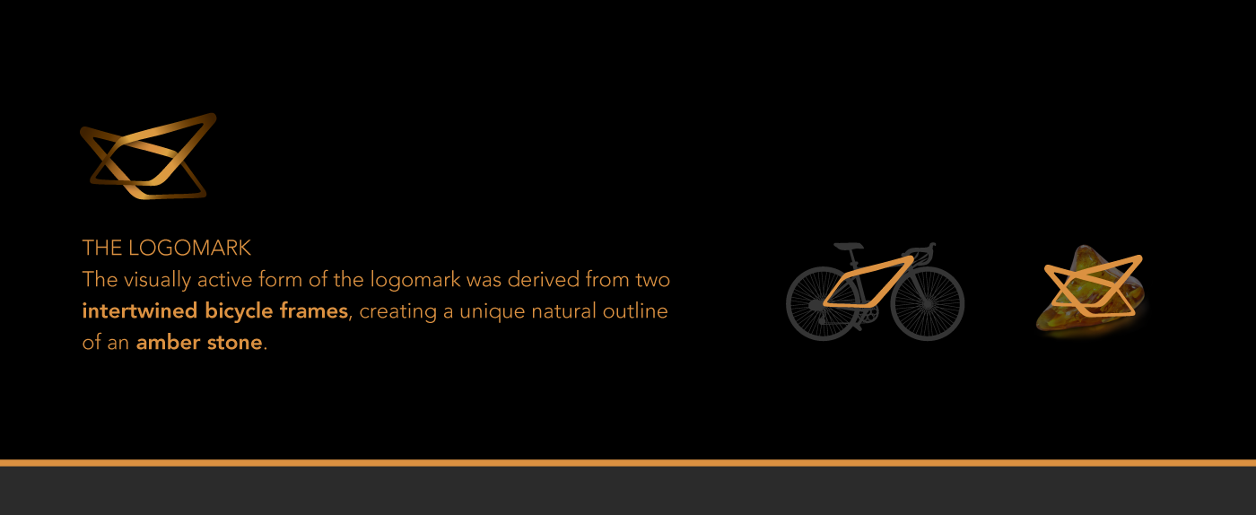 branding of an indoor cycling boutiqueblack background with orange logomark of intertwined bicycle frames as the logomark, bicycle frame and amber stone, orange and black