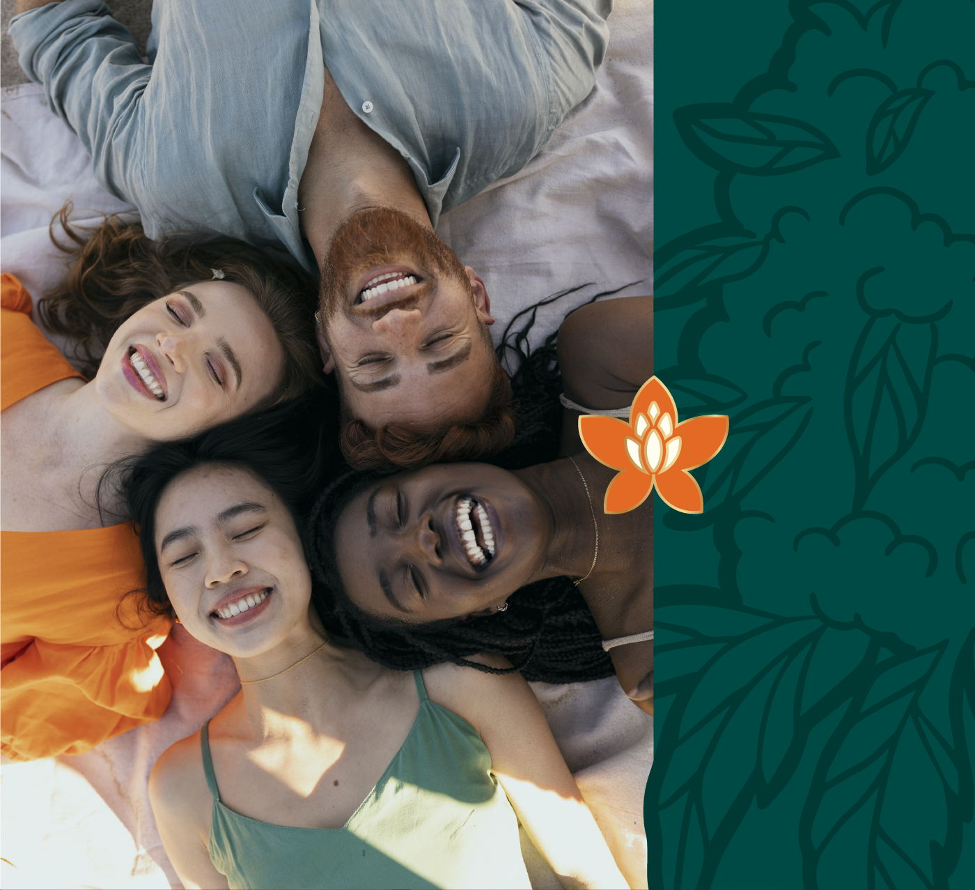 community of people coming together in top view shot while lying on the ground, with premium branding of GUD Essence