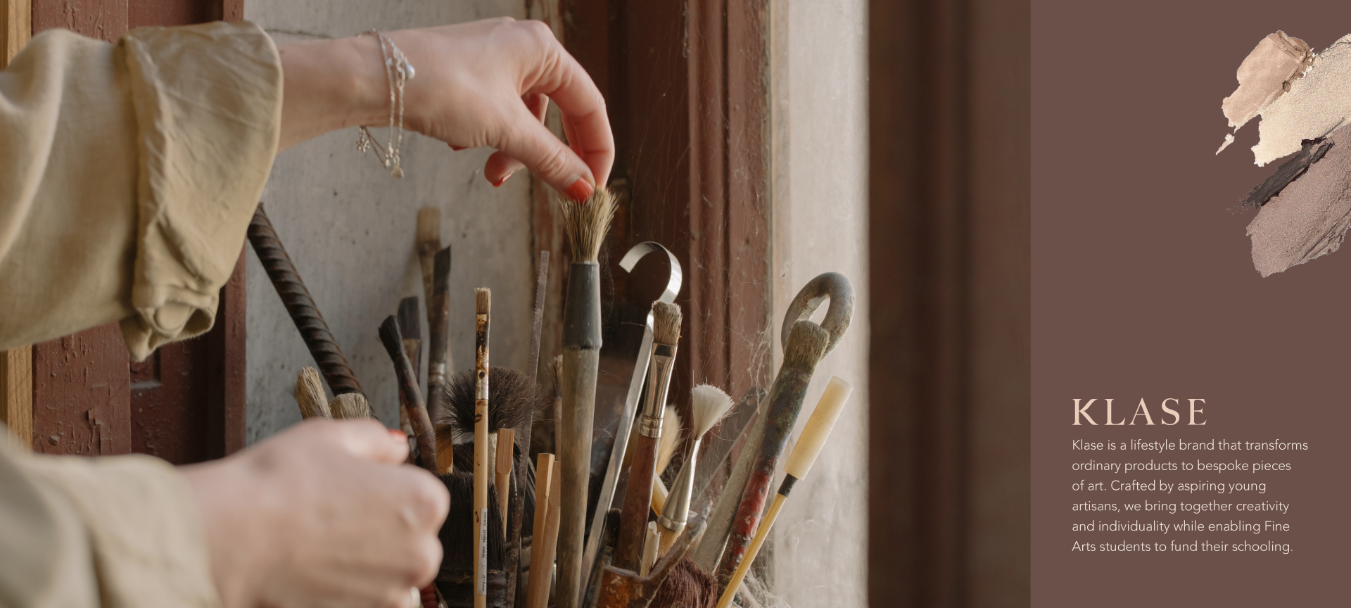 muted vibe of an artist getting brush from a set of brushes, brown and pale color palette by KLASE branding