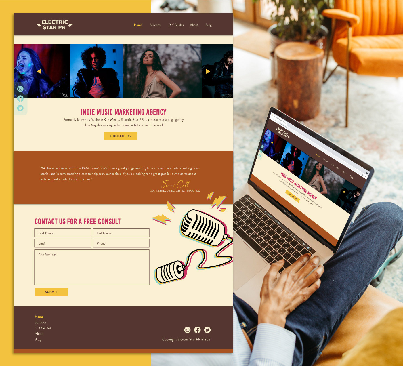 Website homepage design on orange background, website mock-up on a laptop in living room