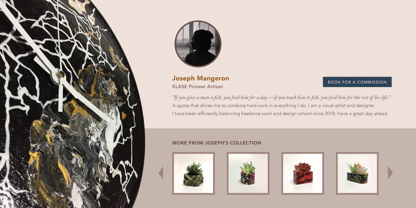 website landing page template design featuring an artist for a commission and his art of small pots painted with his art, and a black gold white clock