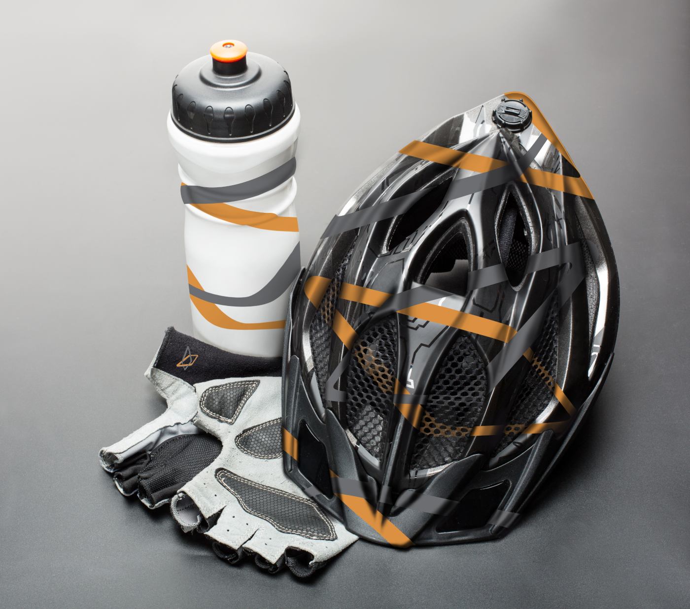 water bottle, cycling gloves, cycling helmet, all in black, gray white, with gray and orange stripes