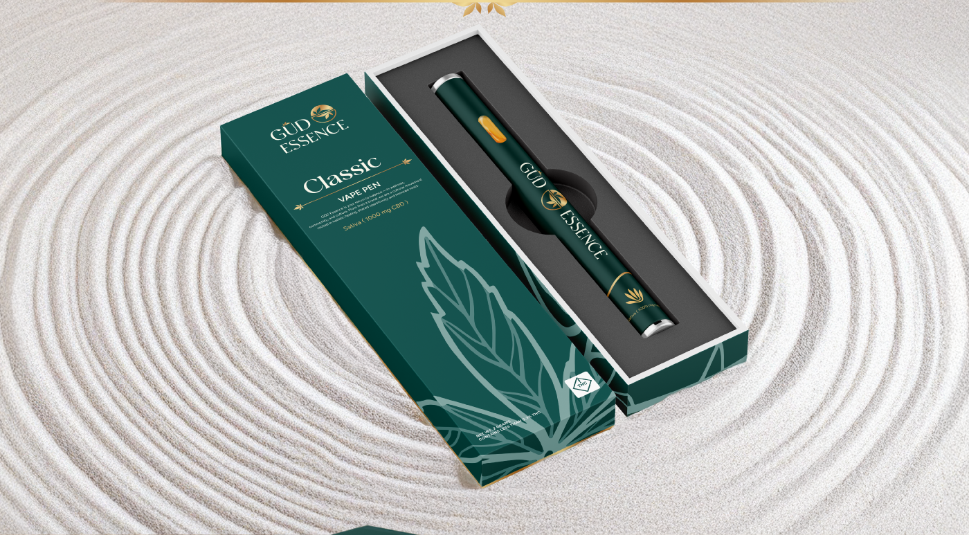 GUD Essence emerald green and gold premium vape pen packaging design