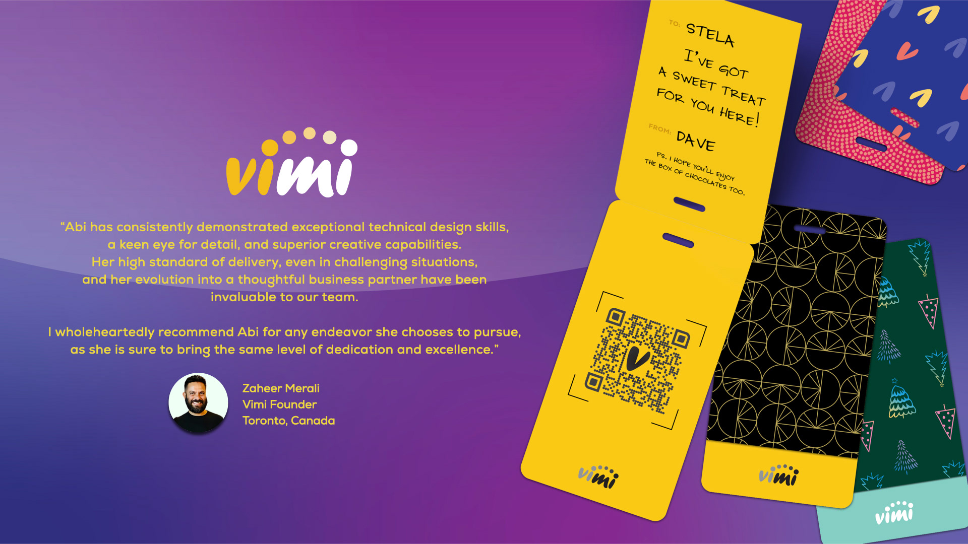 vimi qr gift tags with testimonial of vimi founder zaheer merali from toronto canada