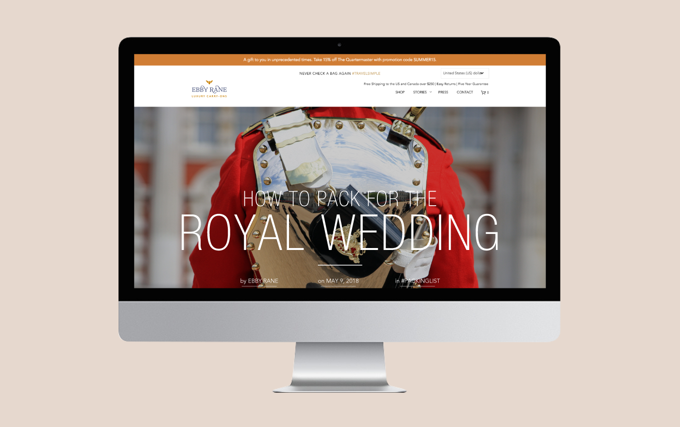 imac screen mock-up of a website landing page how to pack for a royal wedding with a royal guard dressed with armor and in red