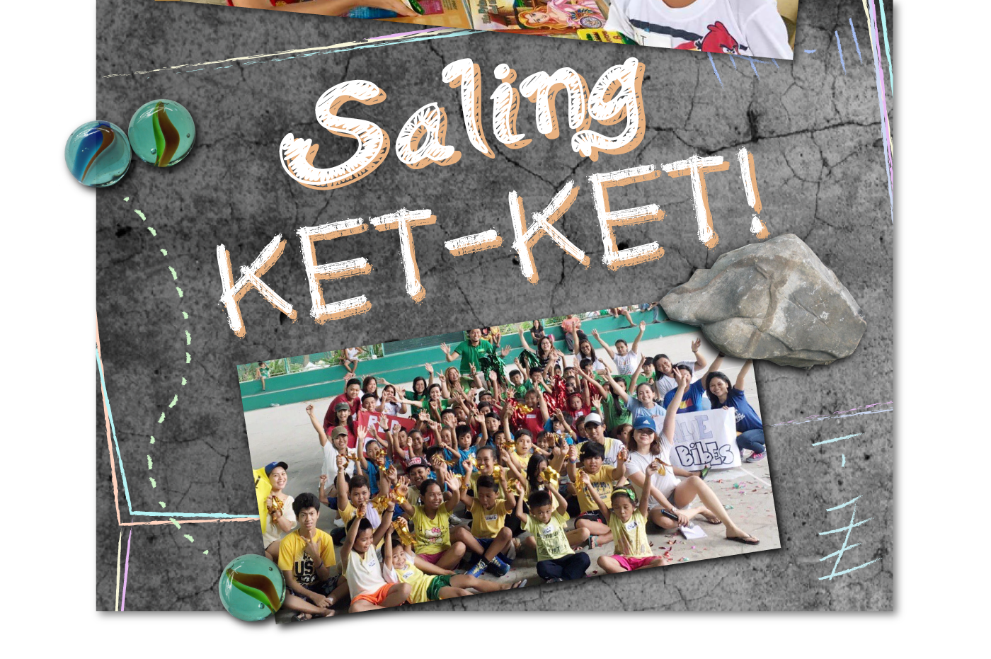 saling ketket event brand design with jolens and stones on a concrete cement floor with chalk art and photo of kids happily raising hands