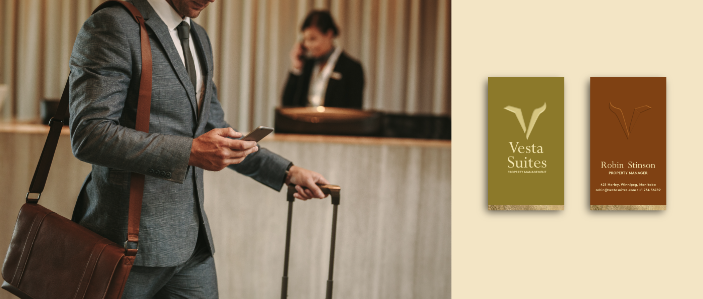 Businessman on the phone with a woman receptionist on the background and business card design