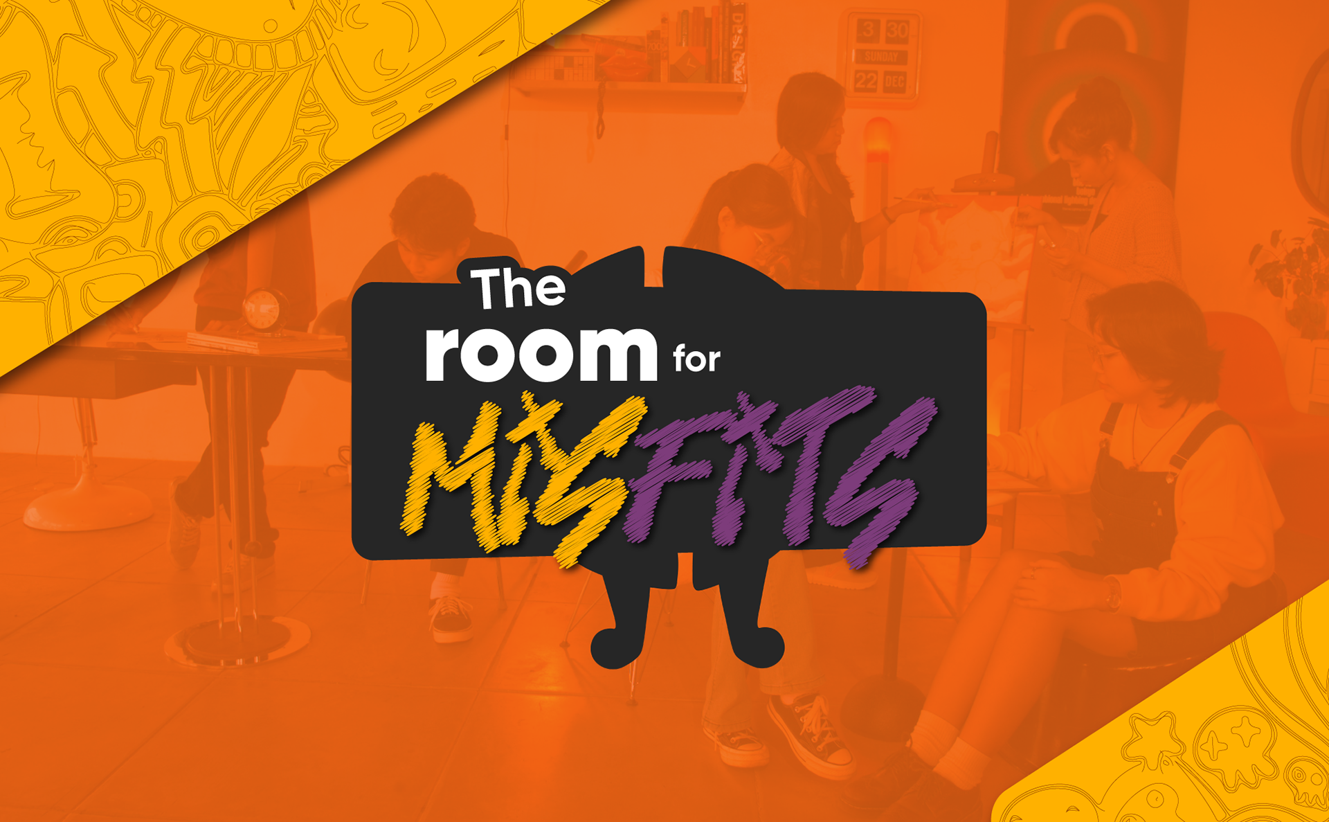 orange, and yellow background with doodles, cool, vibrant and colorful The room for the misfits with silhouette of artists making art in the background