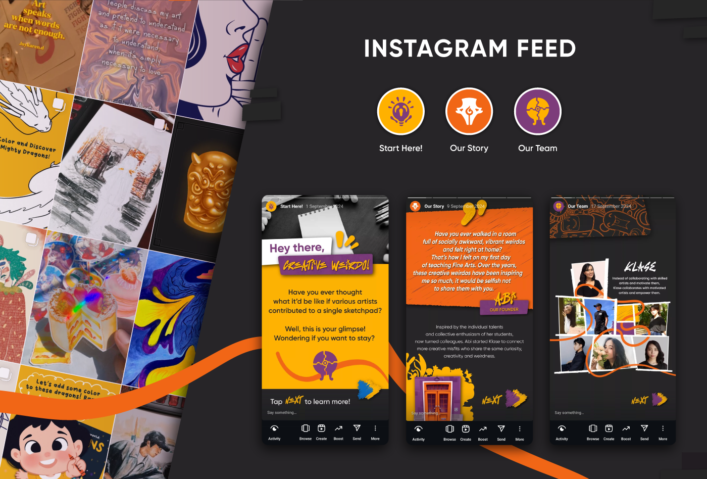 fun illustrations and arts from Klase instagram feed, and stories, featuring different art mediums and styles