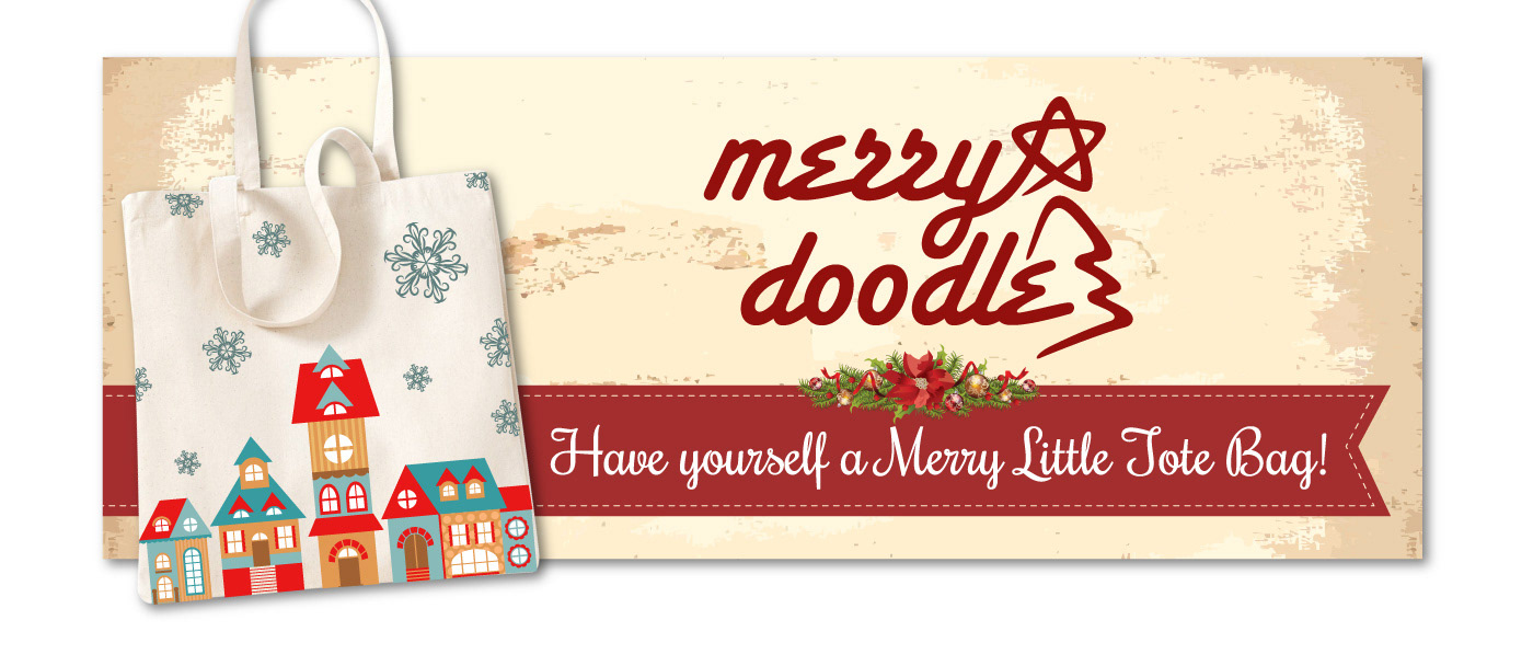 Tote bag design with Merry Doodle logo and Christmas ornaments
