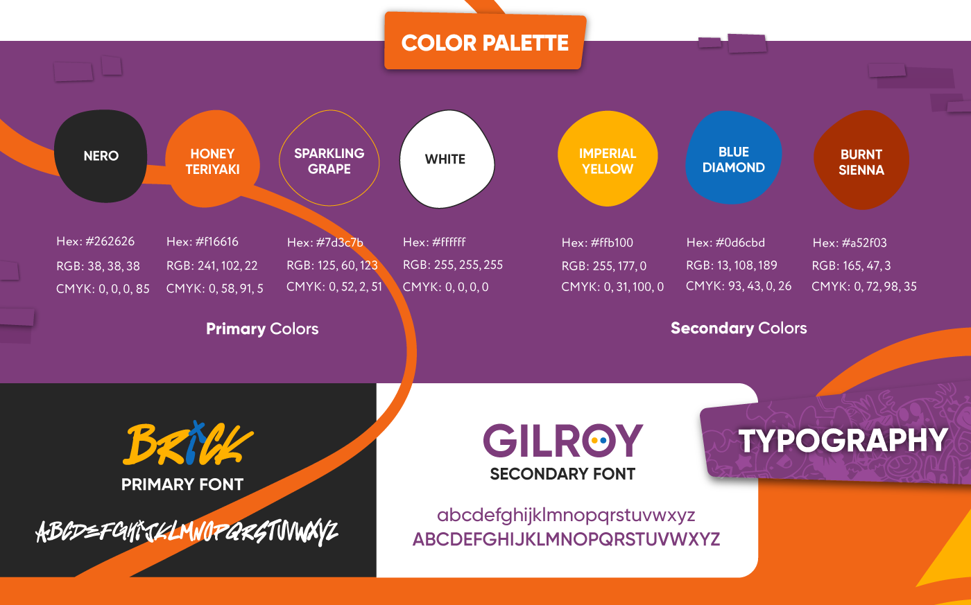 klase vibrant color palette with nero, honey teriyaki, sparkling grape, white, imperial yellow, blue diamond and burnt sienna. Klase typography brick and gilroy fonts