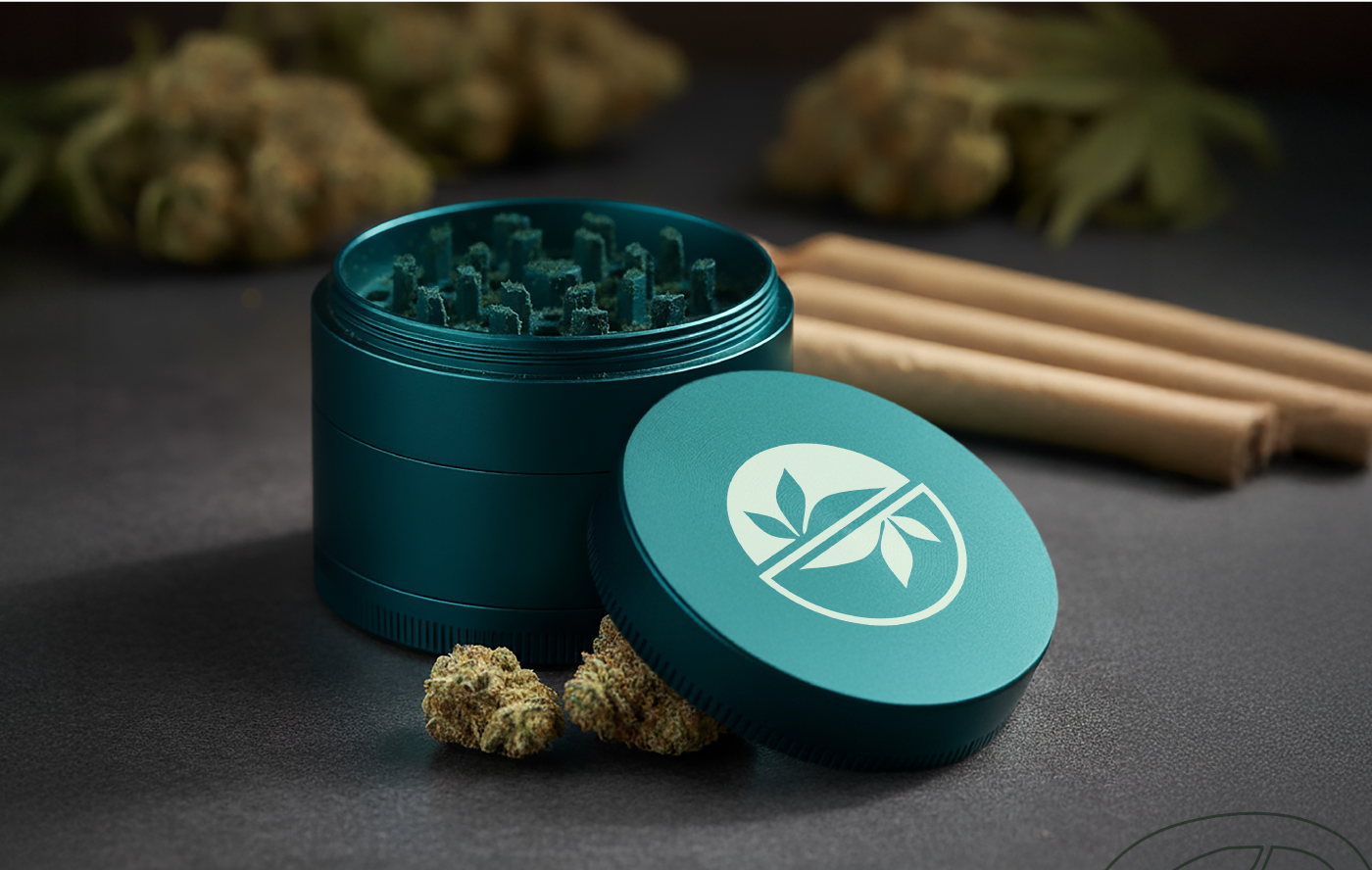 GUD Essence cannabis flower premium emerald green grinder with cannabis flower