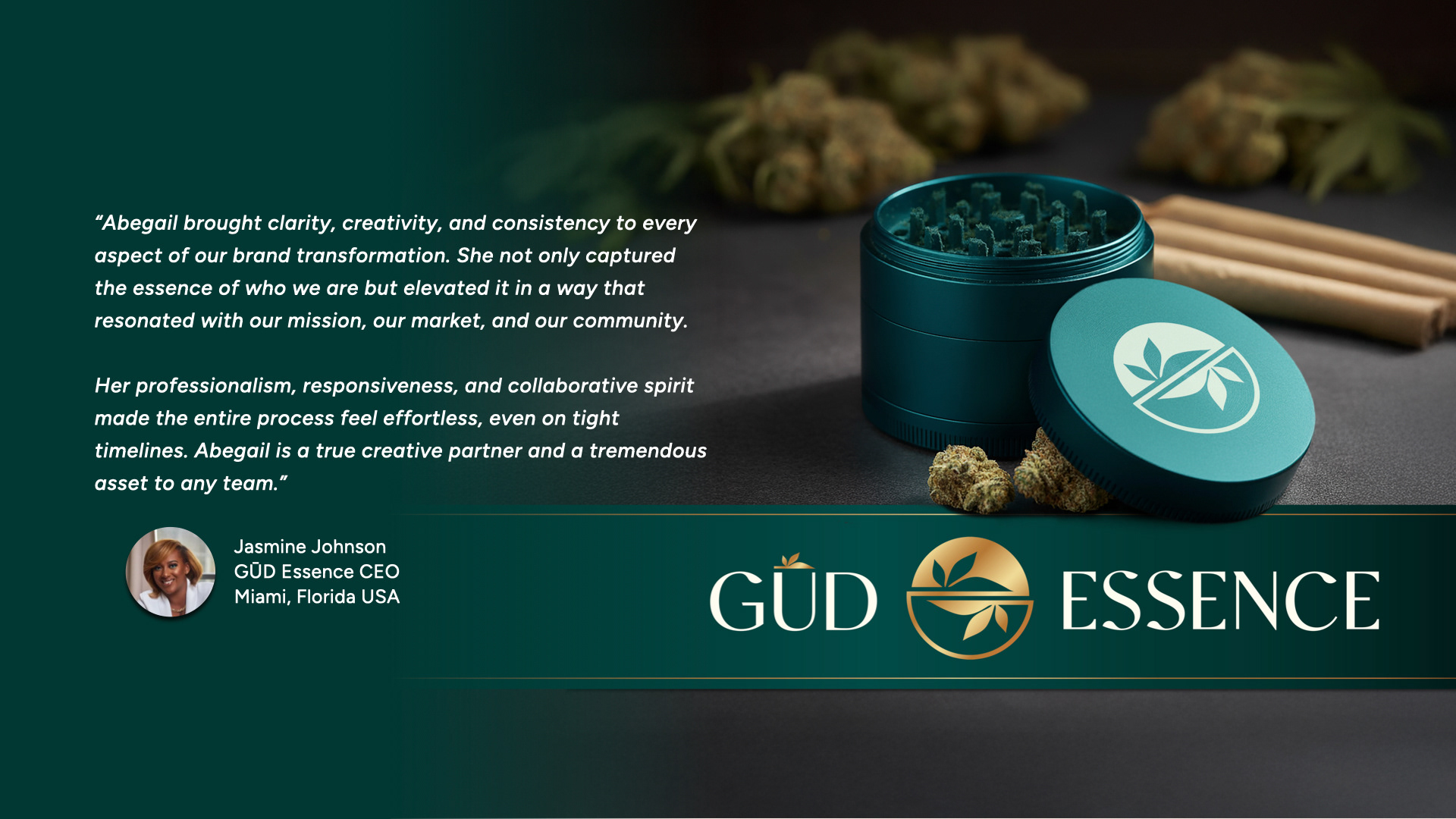 GUD Essence CEO, Jasmine Johnson, Testimonial about branding and design of Abegail Castillo