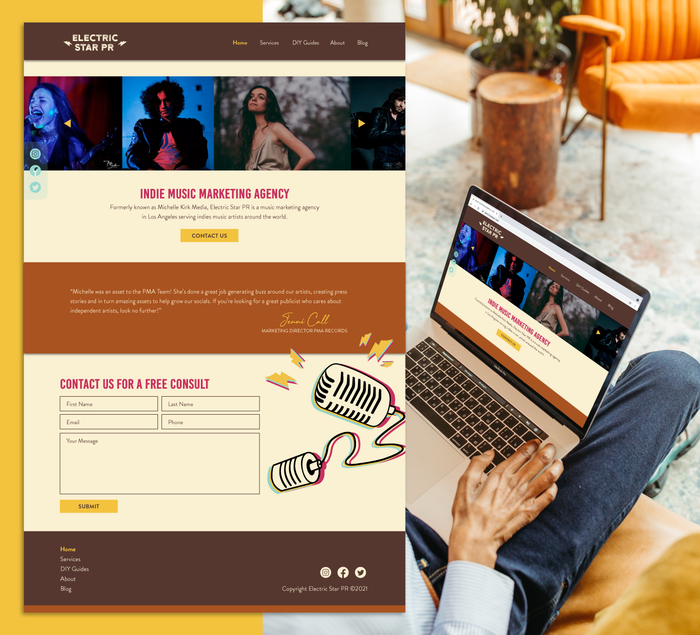 electric star pr music marketing agency mock-up of website home page with music indie artist clients, and mock-up of website on a computer in a colorful vibrant living room